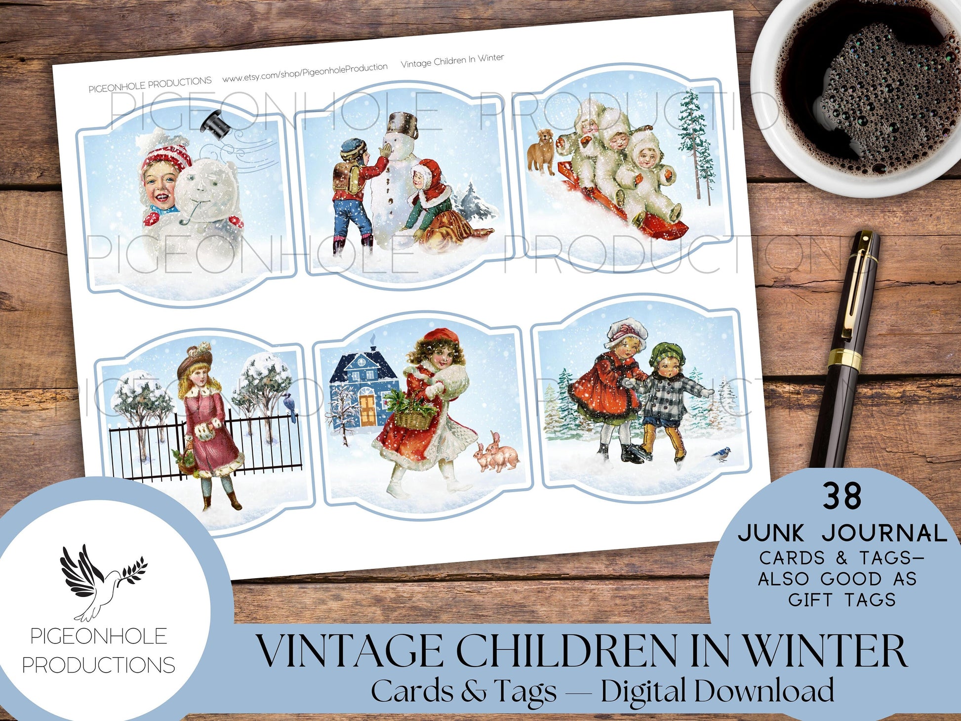 Vintage Children In Winter Junk Journal Cards & Tags—PRINTABLE—38 cards in a variety of pretty shapes—sweet children enjoying winter