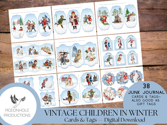 Vintage Children In Winter Junk Journal Cards & Tags—PRINTABLE—38 cards in a variety of pretty shapes—sweet children enjoying winter