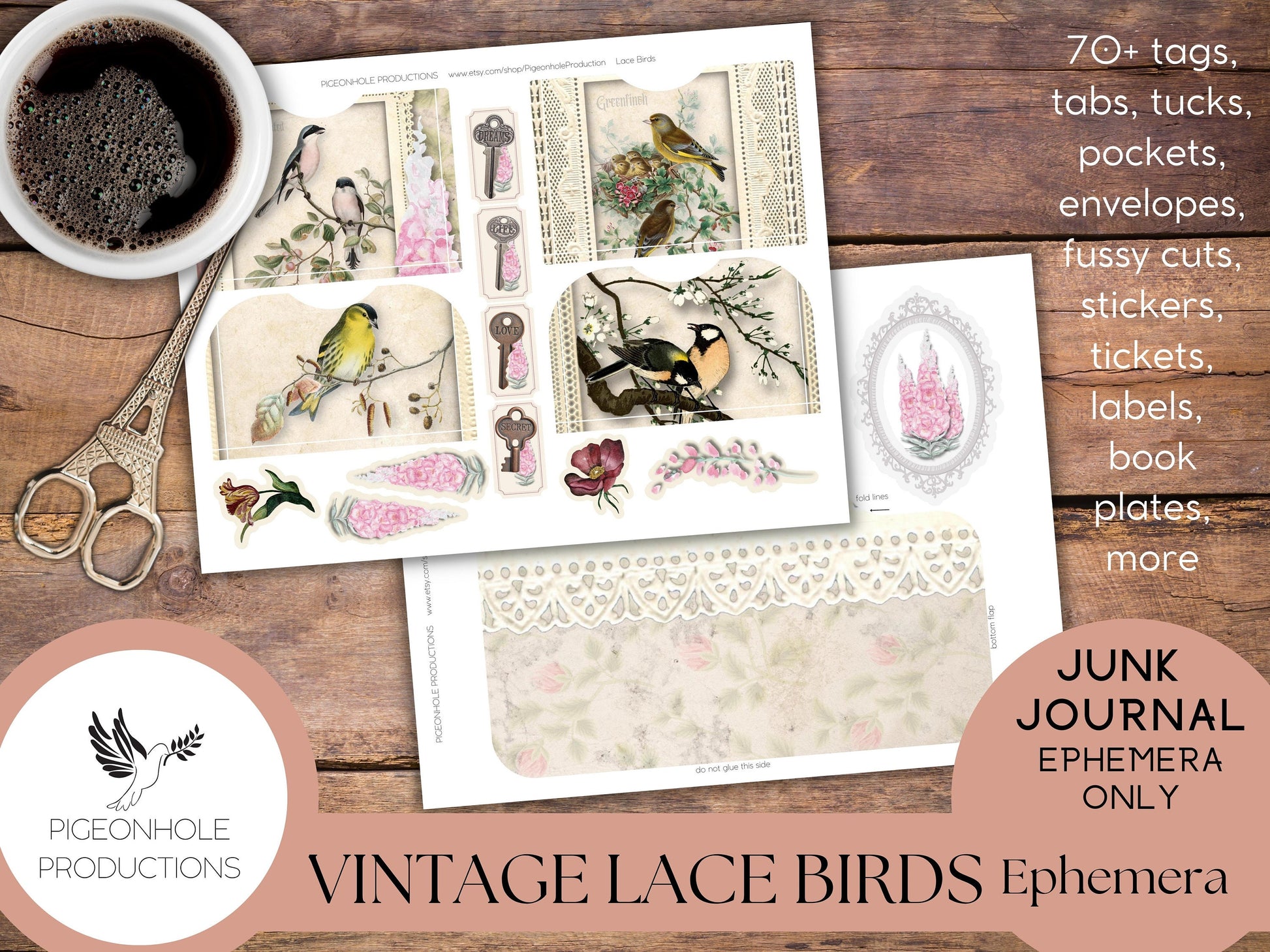 Vintage Lace Birds Junk Journal EPHEMERA—PRINTABLE—70+ tags, tucks, pockets, envelopes, fussy cuts, stickers, tickets, labels, book plates