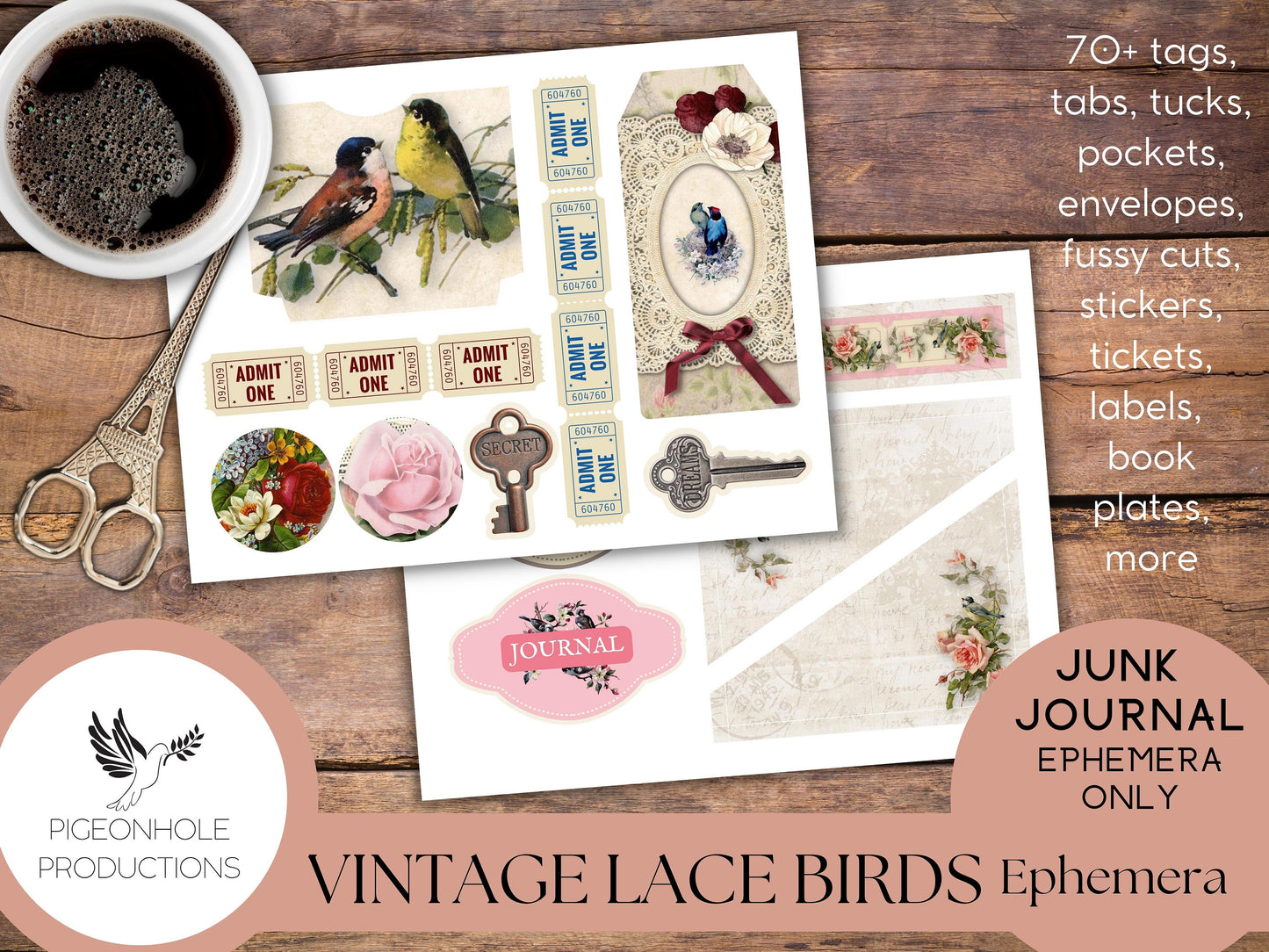 Vintage Lace Birds Junk Journal EPHEMERA—PRINTABLE—70+ tags, tucks, pockets, envelopes, fussy cuts, stickers, tickets, labels, book plates