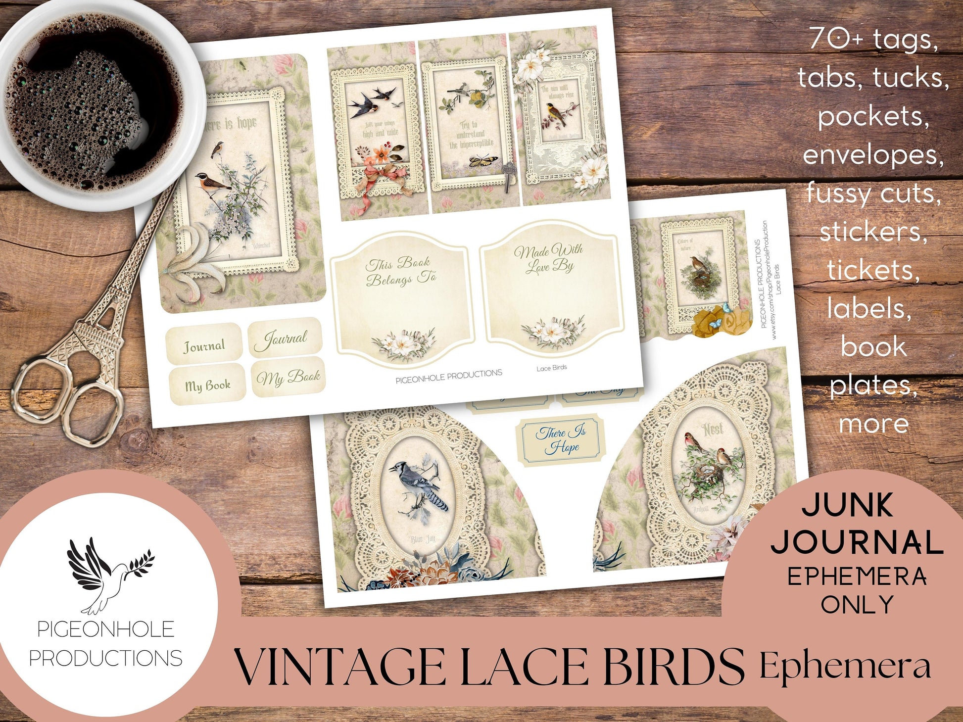 Vintage Lace Birds Junk Journal EPHEMERA—PRINTABLE—70+ tags, tucks, pockets, envelopes, fussy cuts, stickers, tickets, labels, book plates