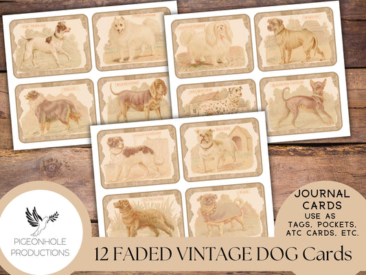 Faded Vintage Dog Junk Journal Cards—PRINTABLE—12 cards—use as ephemera, tags, pockets, ATC cards, greeting cards, etc.—nice, neutral colors
