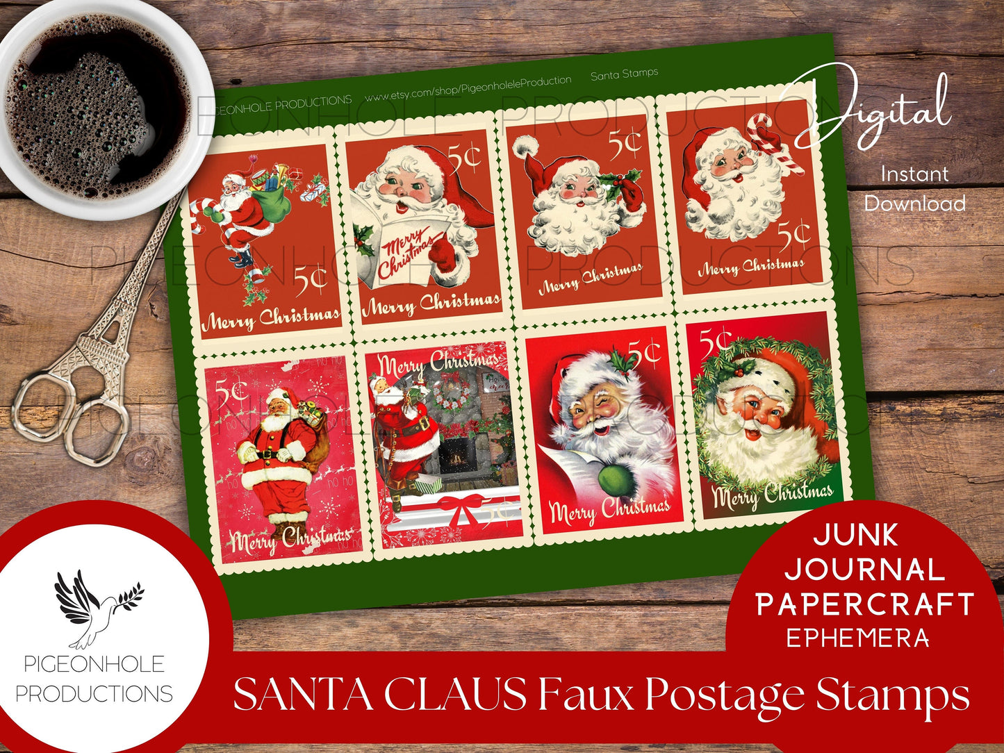 Santa Faux Christmas Postage Stamps—PRINTABLE—Use in junk journals, planners, scrapbooking, collage, or print on sticker paper for stickers