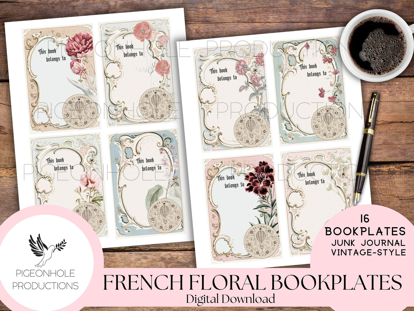 Vintage French Floral Bookplates—PRINTABLE—32 Ex Libris labels with faded flowers/florals—16 different bookplates in 2 different fonts