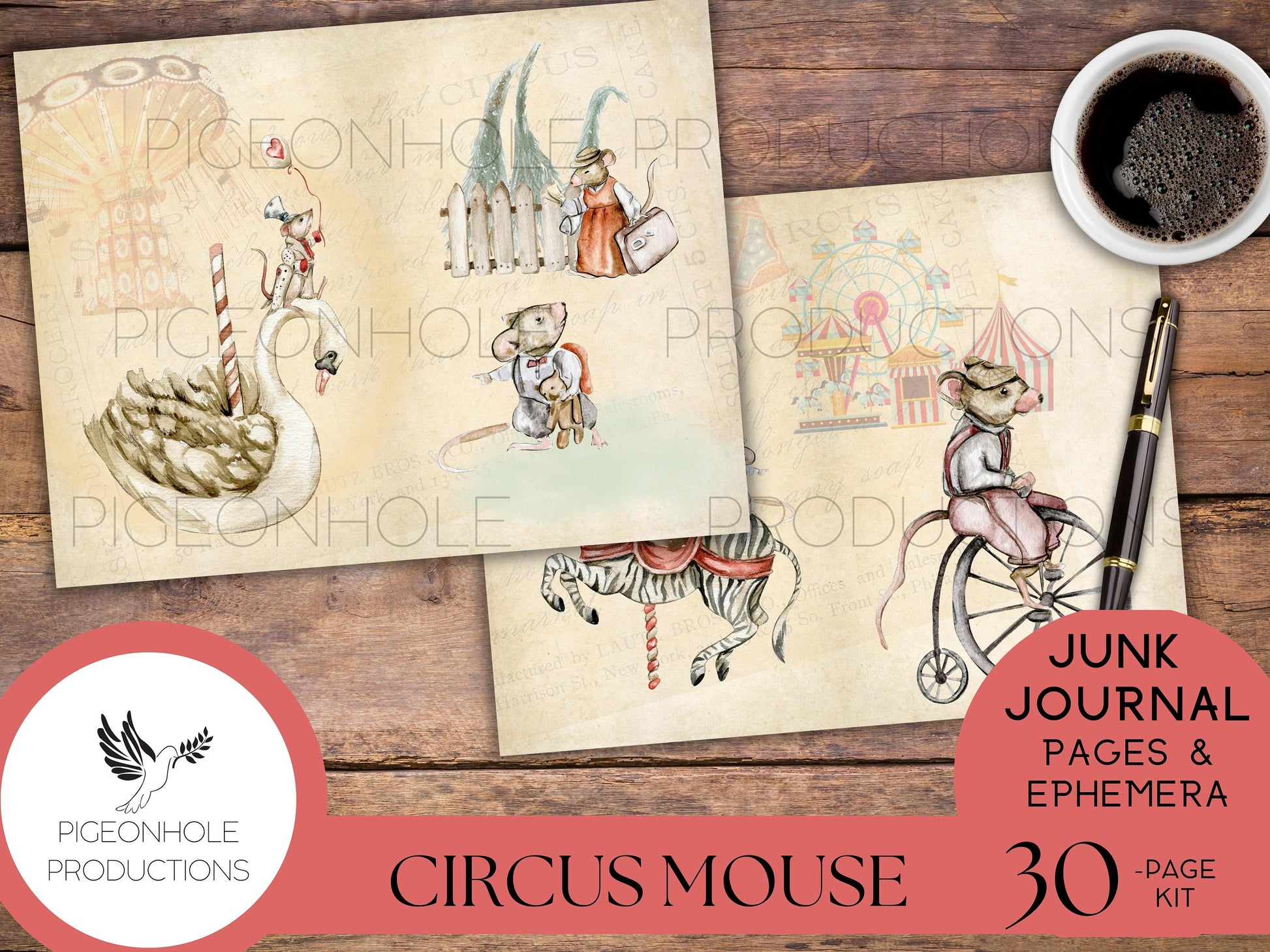 Circus Mouse Junk Journal Kit, PRINTABLE, 30 sheets of journal pages, background papers and 70+ ephemera elements—tags, pockets, stickers...
