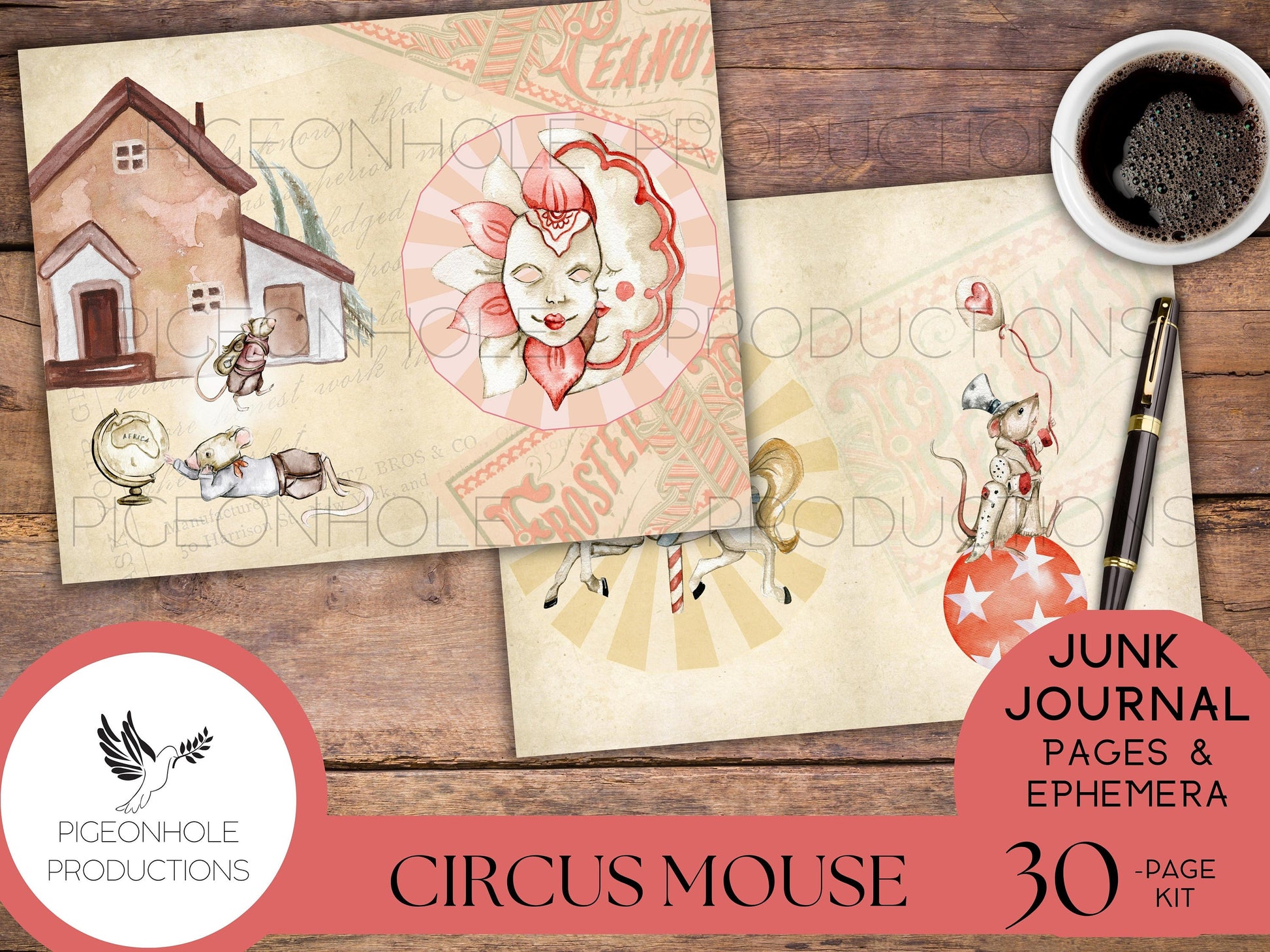 Circus Mouse Junk Journal Kit, PRINTABLE, 30 sheets of journal pages, background papers and 70+ ephemera elements—tags, pockets, stickers...
