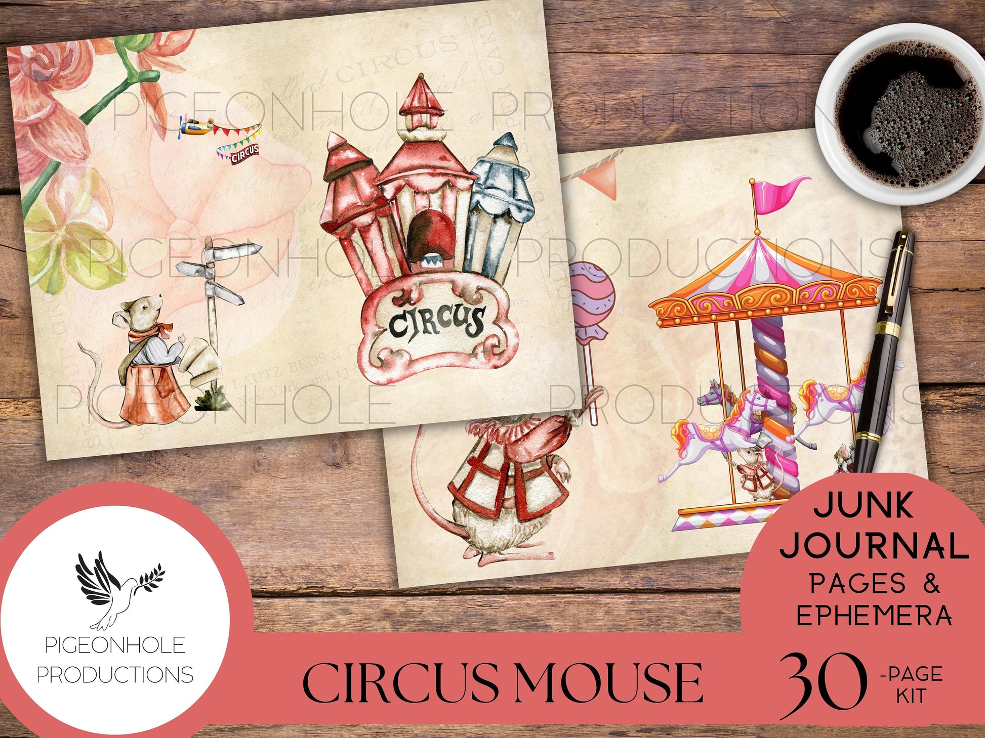 Circus Mouse Junk Journal Kit, PRINTABLE, 30 sheets of journal pages, background papers and 70+ ephemera elements—tags, pockets, stickers...