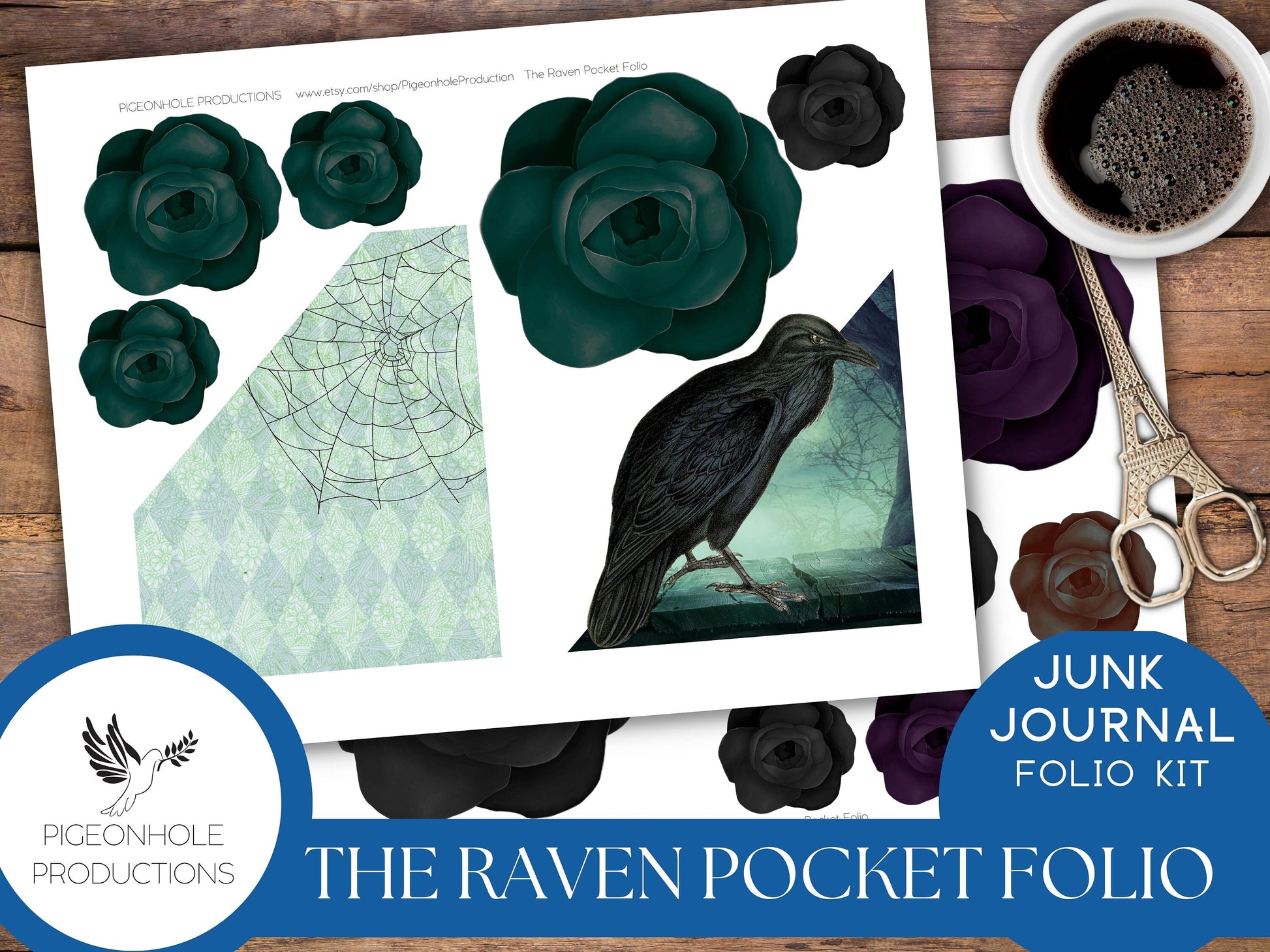 The Raven Pocket Folio—PRINTABLE—Halloween Goth—holds junk journal ephemera—assemble as you like—suggestions included for inspiration