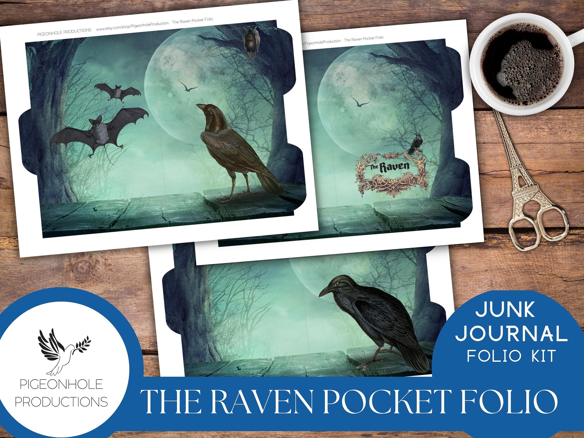 The Raven Pocket Folio—PRINTABLE—Halloween Goth—holds junk journal ephemera—assemble as you like—suggestions included for inspiration
