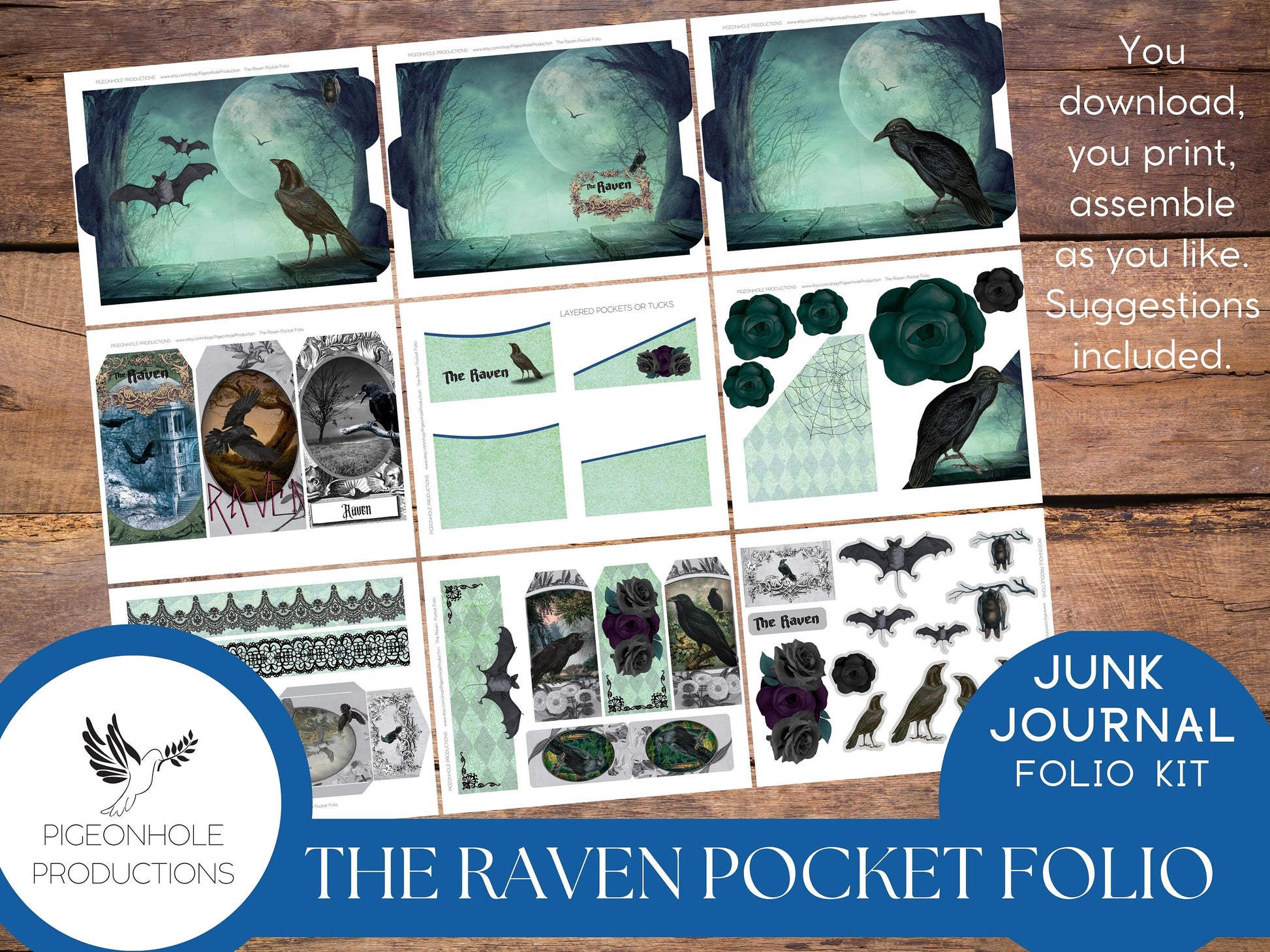 The Raven Pocket Folio—PRINTABLE—Halloween Goth—holds junk journal ephemera—assemble as you like—suggestions included for inspiration