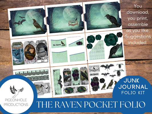 The Raven Pocket Folio—PRINTABLE—Halloween Goth—holds junk journal ephemera—assemble as you like—suggestions included for inspiration