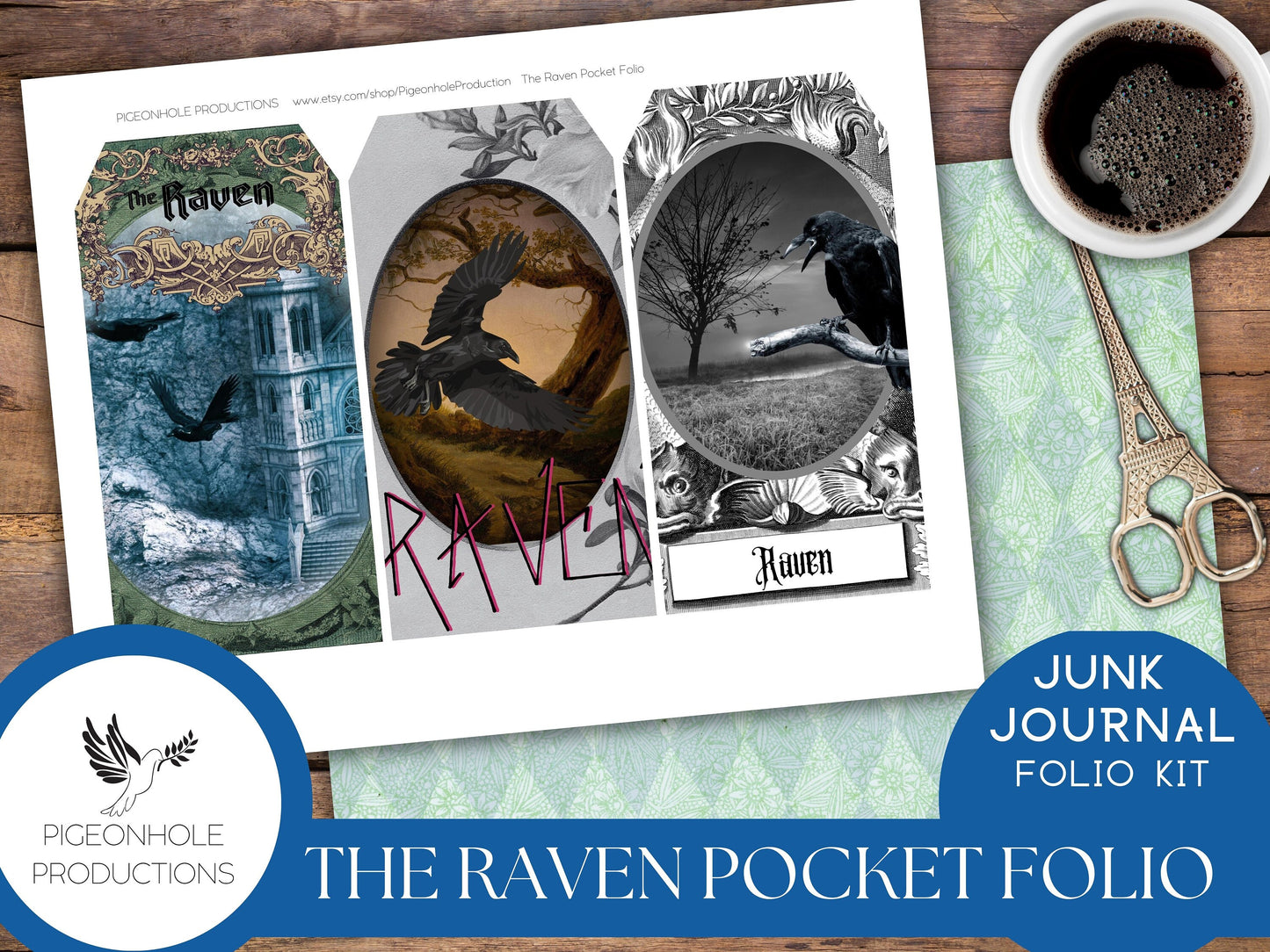 The Raven Pocket Folio—PRINTABLE—Halloween Goth—holds junk journal ephemera—assemble as you like—suggestions included for inspiration