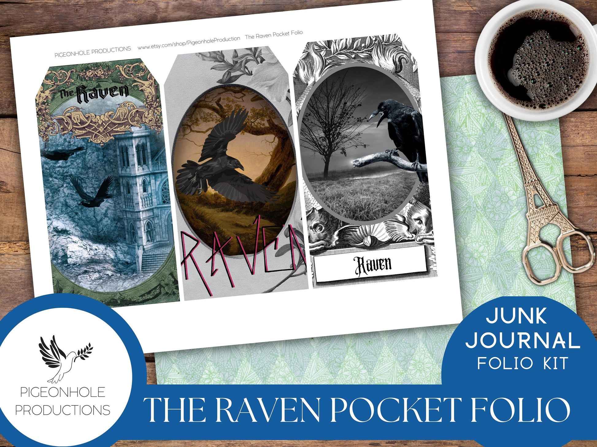 The Raven Pocket Folio—PRINTABLE—Halloween Goth—holds junk journal ephemera—assemble as you like—suggestions included for inspiration