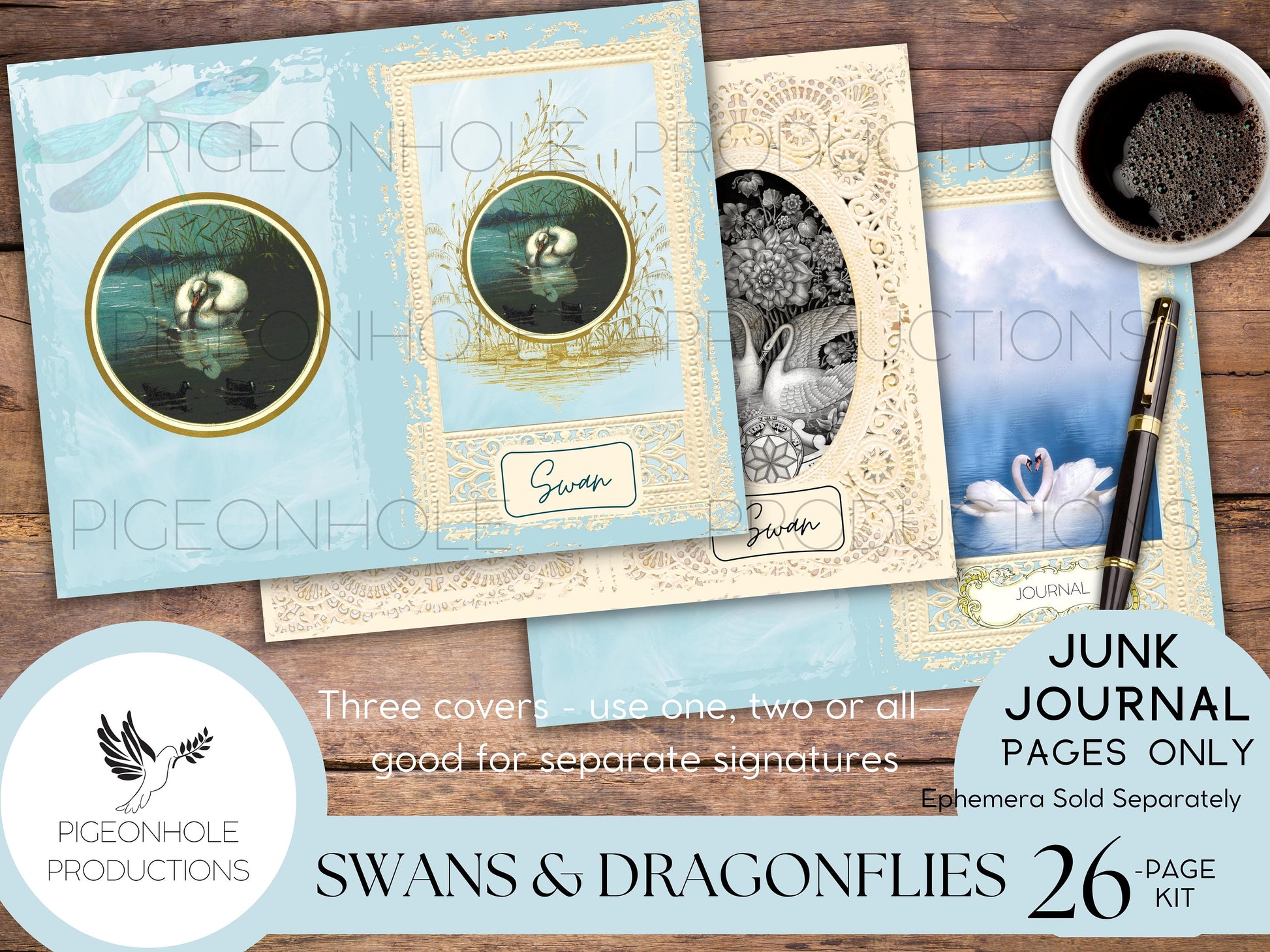 Swans & Dragonflies Junk Journal Kit—PRINTABLE—26 pages—beautiful swans, cygnets, dragonflies, flowers—lots of journaling space—pastels