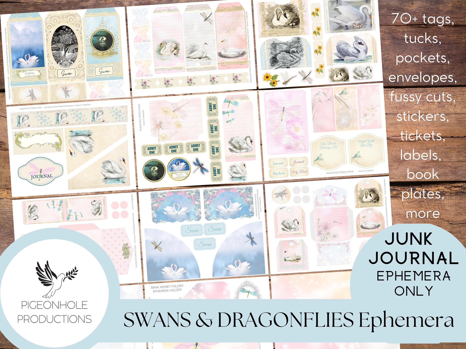 Swans & Dragonflies Junk Journal EPHEMERA—PRINTABLE—70+ tags, tucks, pockets, envelopes, fussy cuts, stickers, tickets, labels, book plates