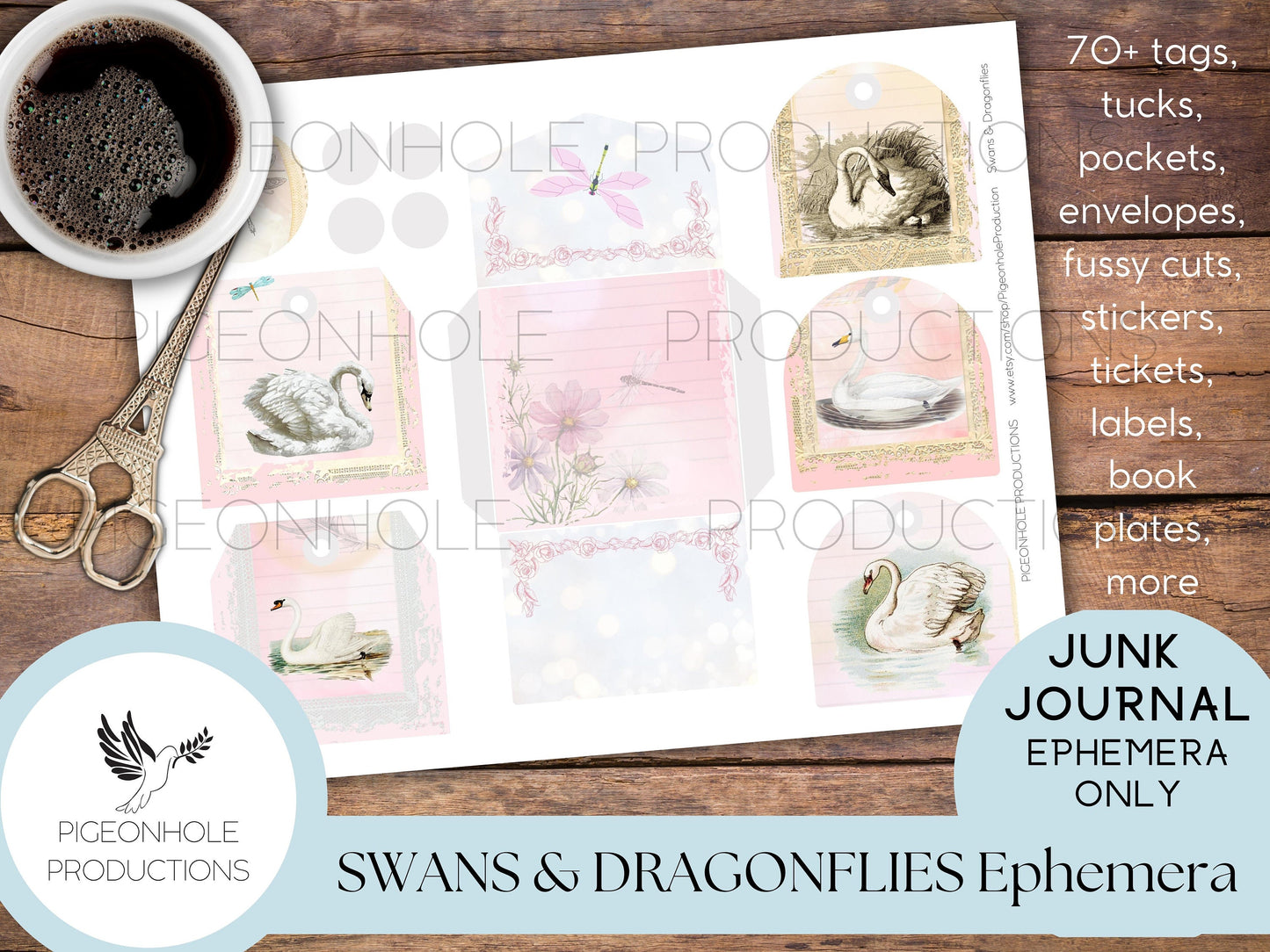 Swans & Dragonflies Junk Journal EPHEMERA—PRINTABLE—70+ tags, tucks, pockets, envelopes, fussy cuts, stickers, tickets, labels, book plates