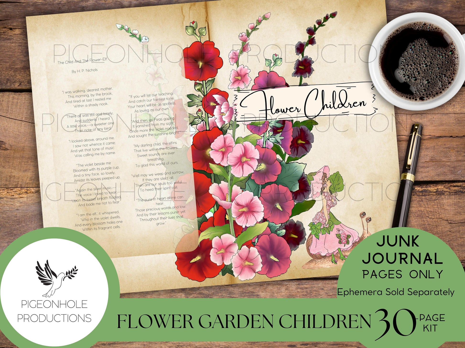 Flower Garden Children Junk Journal Kit—PRINTABLE—30 pages—features the 1910 art of M.T. (Penny) Ross—sweet fairy-type flower children