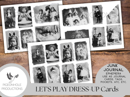 Let's Play Dress-Up Junk Journal Cards—PRINTABLE—20 cards—11 different vintage torn photos, various shapes/sizes—children in costume—sweet!