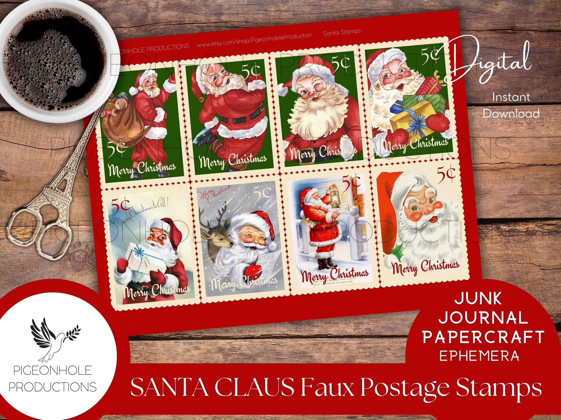 Santa Faux Christmas Postage Stamps—PRINTABLE—Use in junk journals, planners, scrapbooking, collage, or print on sticker paper for stickers