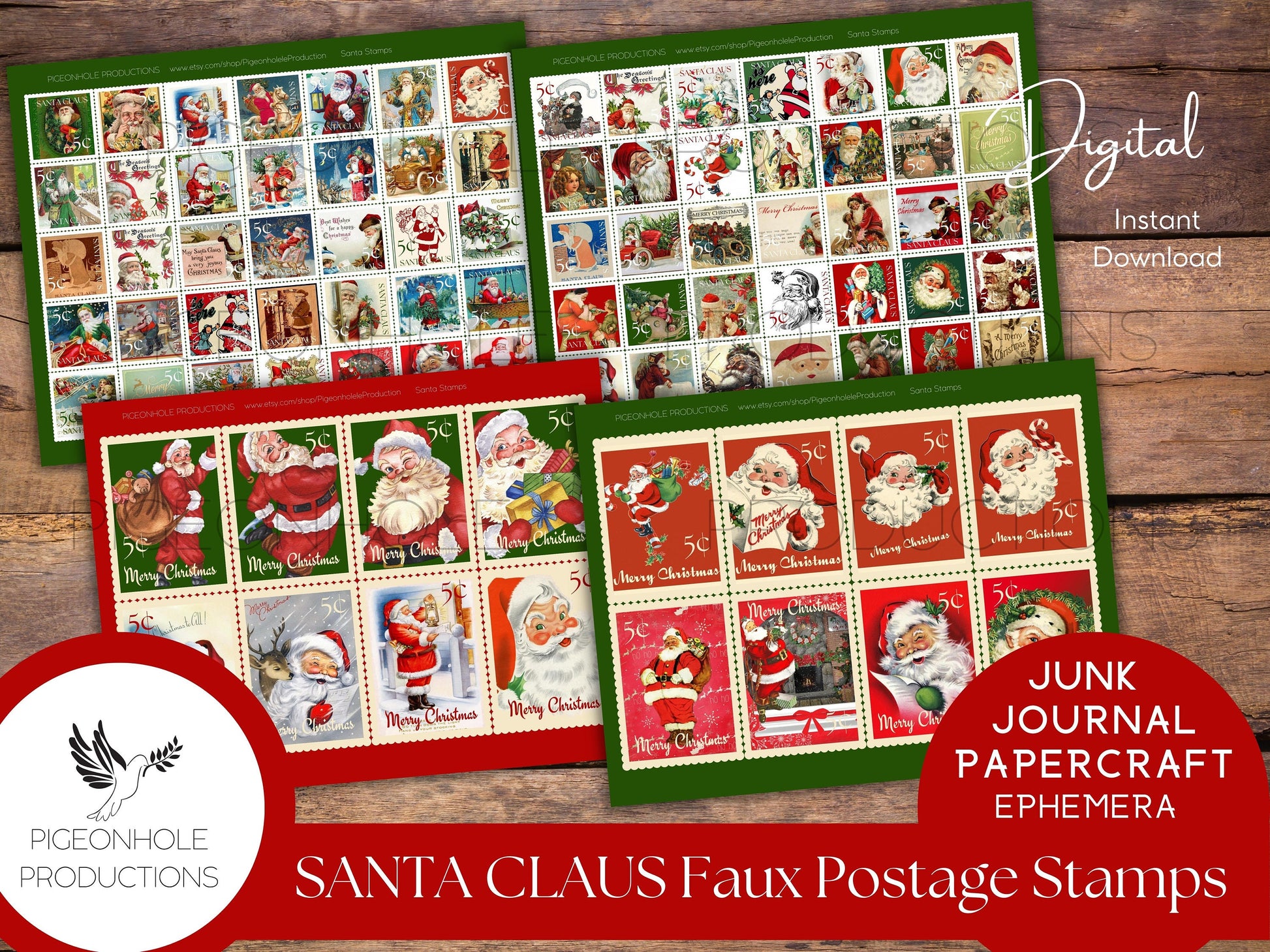 Santa Faux Christmas Postage Stamps—PRINTABLE—Use in junk journals, planners, scrapbooking, collage, or print on sticker paper for stickers