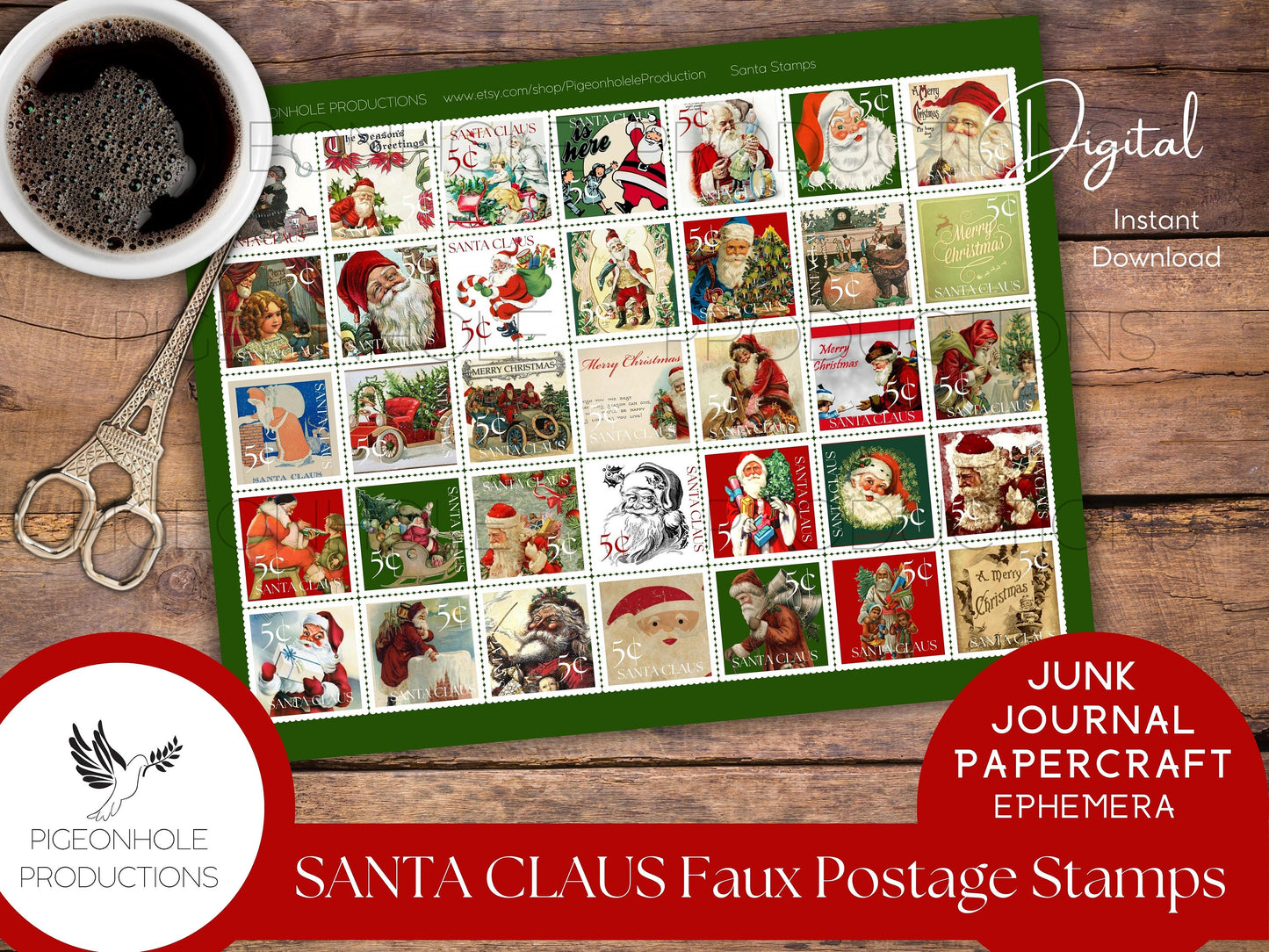 Santa Faux Christmas Postage Stamps—PRINTABLE—Use in junk journals, planners, scrapbooking, collage, or print on sticker paper for stickers