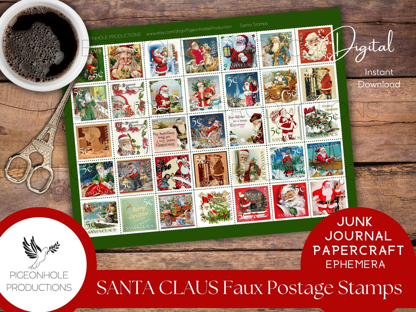 Santa Faux Christmas Postage Stamps—PRINTABLE—Use in junk journals, planners, scrapbooking, collage, or print on sticker paper for stickers