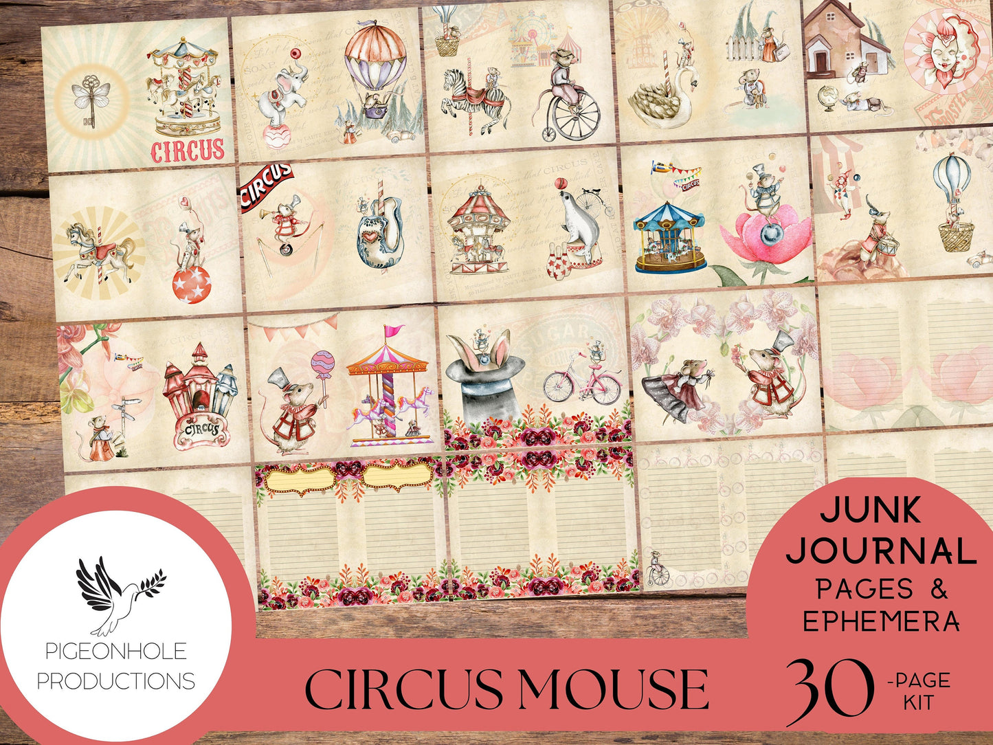Circus Mouse Junk Journal Kit, PRINTABLE, 30 sheets of journal pages, background papers and 70+ ephemera elements—tags, pockets, stickers...