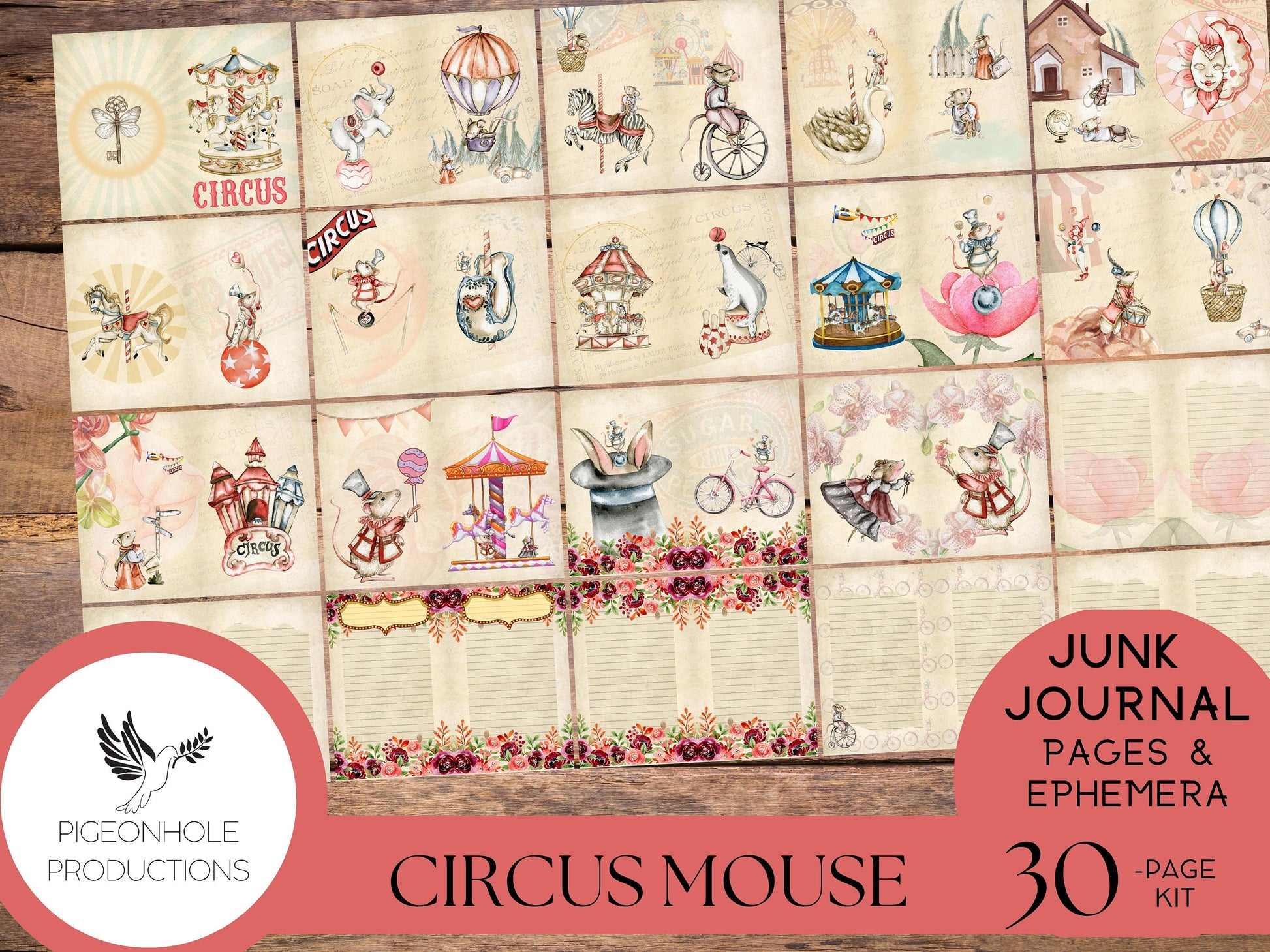 Circus Mouse Junk Journal Kit, PRINTABLE, 30 sheets of journal pages, background papers and 70+ ephemera elements—tags, pockets, stickers...