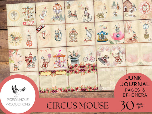 Circus Mouse Junk Journal Kit, PRINTABLE, 30 sheets of journal pages, background papers and 70+ ephemera elements—tags, pockets, stickers...