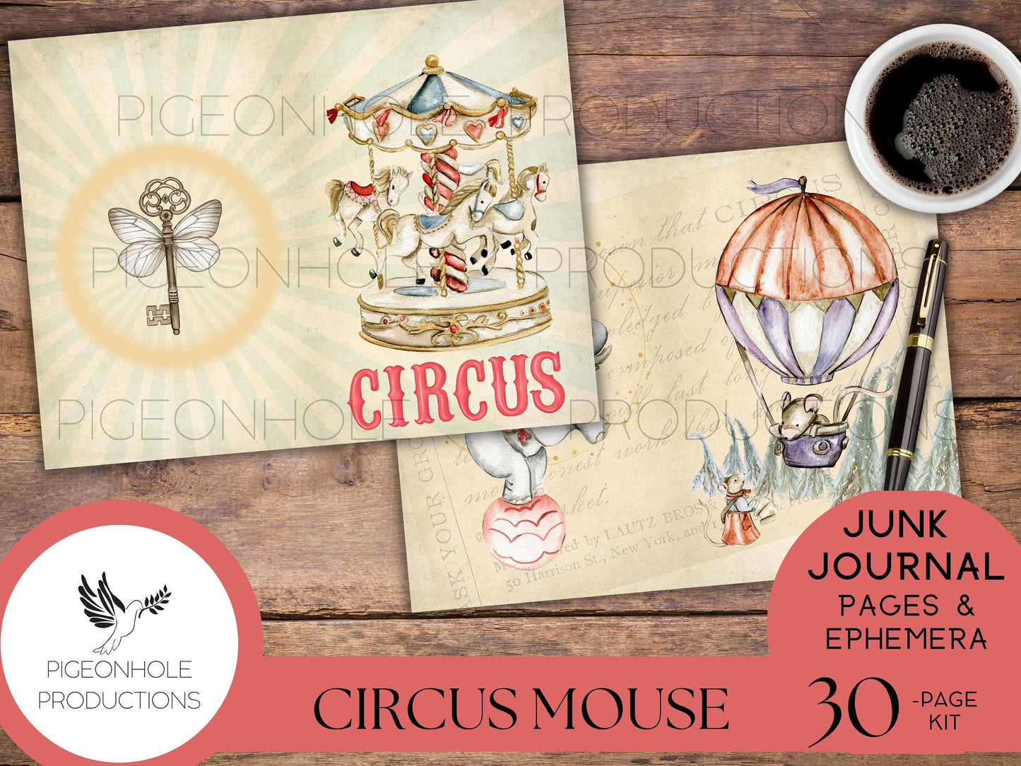 Circus Mouse Junk Journal Kit, PRINTABLE, 30 sheets of journal pages, background papers and 70+ ephemera elements—tags, pockets, stickers...