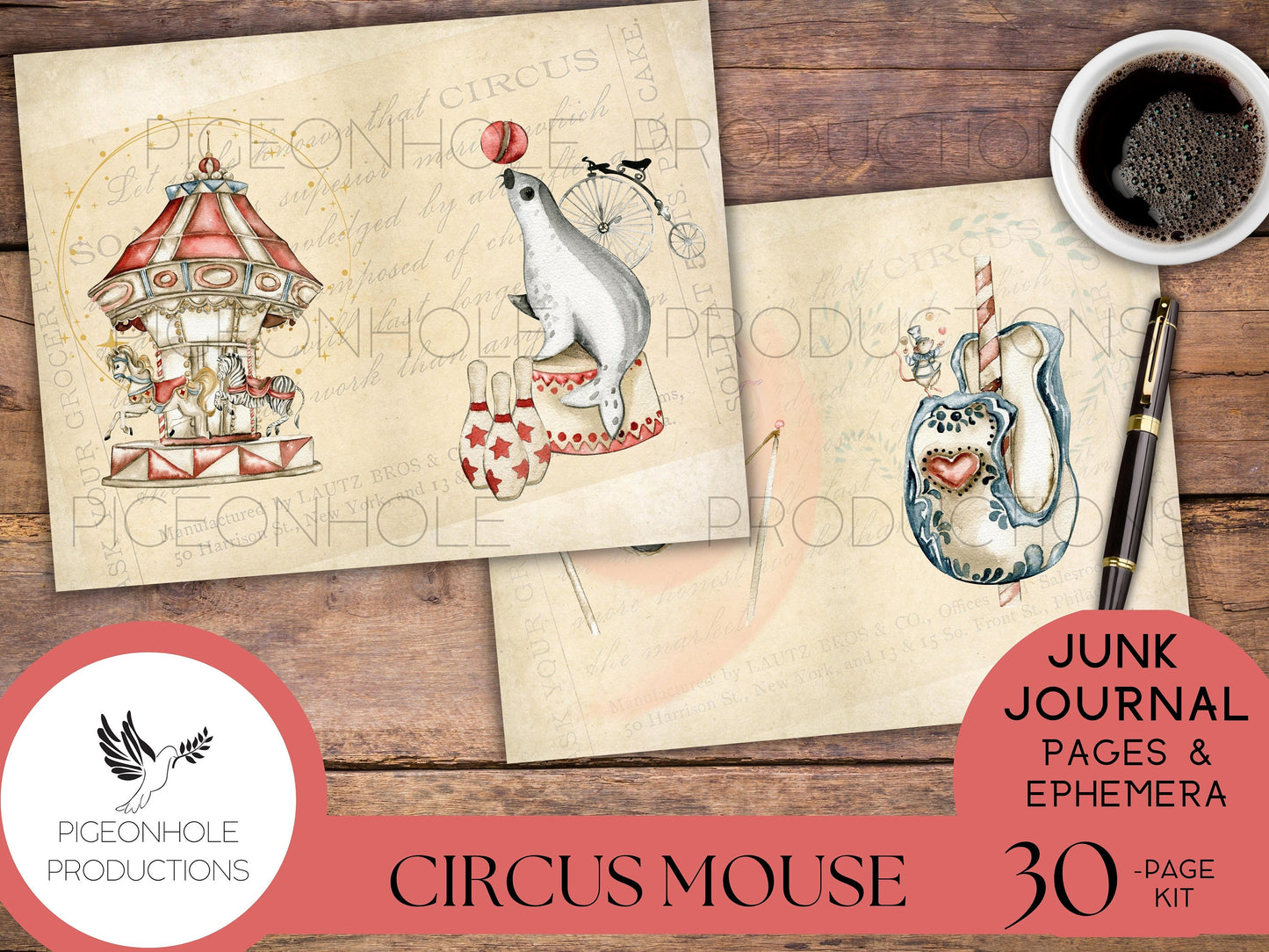Circus Mouse Junk Journal Kit, PRINTABLE, 30 sheets of journal pages, background papers and 70+ ephemera elements—tags, pockets, stickers...