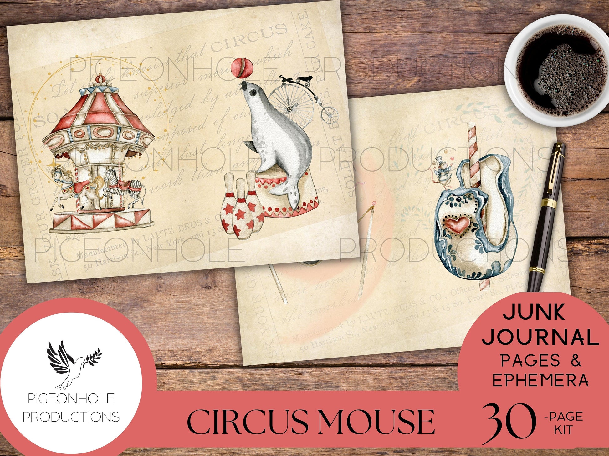 Circus Mouse Junk Journal Kit, PRINTABLE, 30 sheets of journal pages, background papers and 70+ ephemera elements—tags, pockets, stickers...