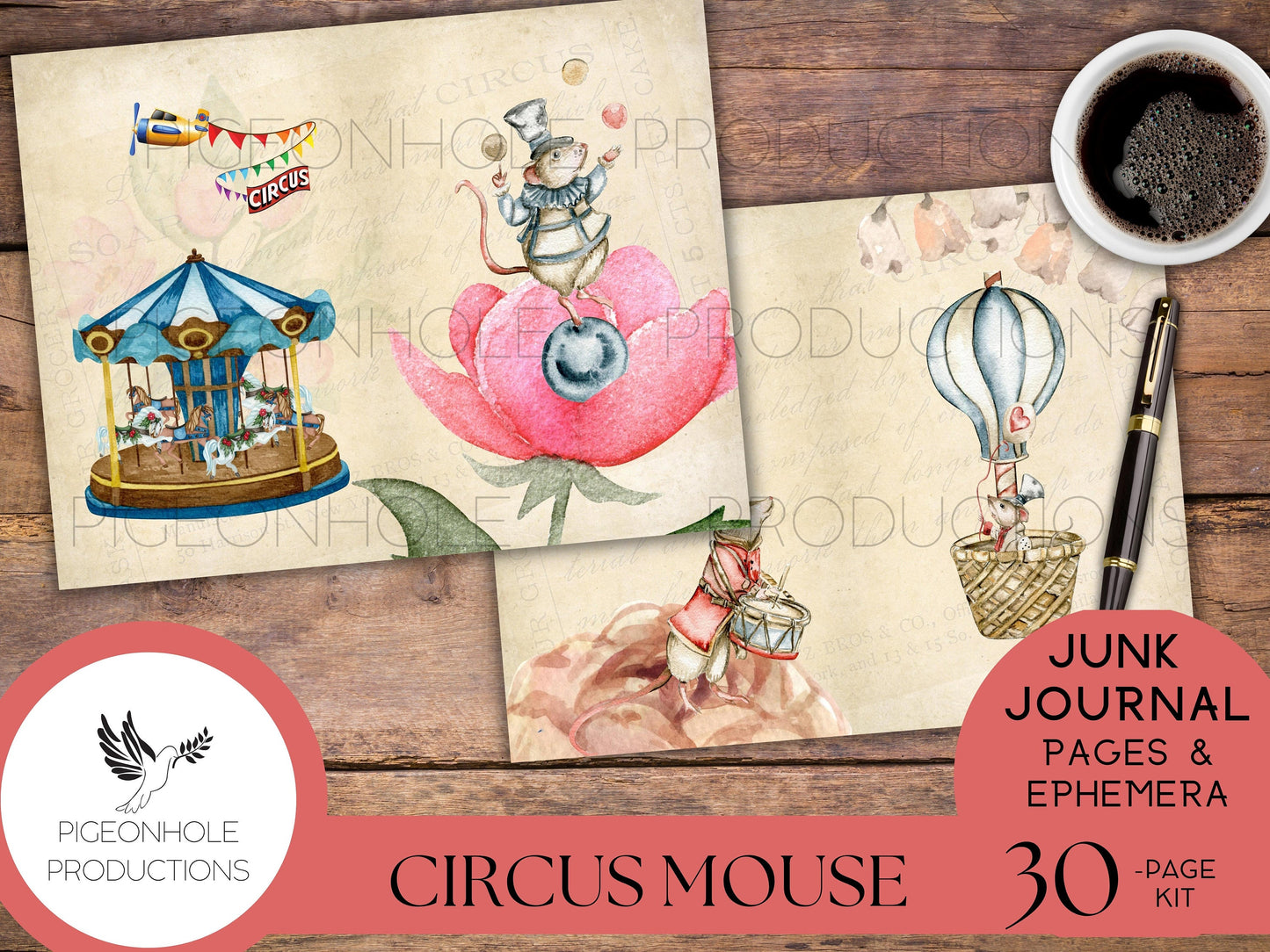 Circus Mouse Junk Journal Kit, PRINTABLE, 30 sheets of journal pages, background papers and 70+ ephemera elements—tags, pockets, stickers...