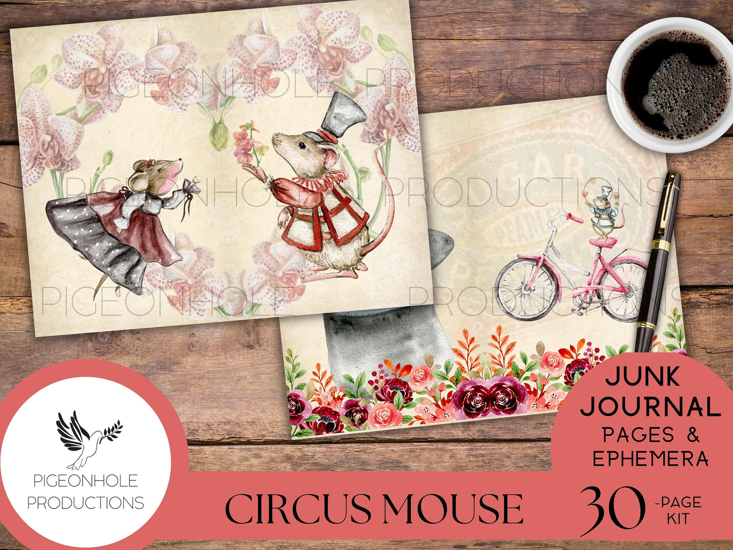 Circus Mouse Junk Journal Kit, PRINTABLE, 30 sheets of journal pages, background papers and 70+ ephemera elements—tags, pockets, stickers...