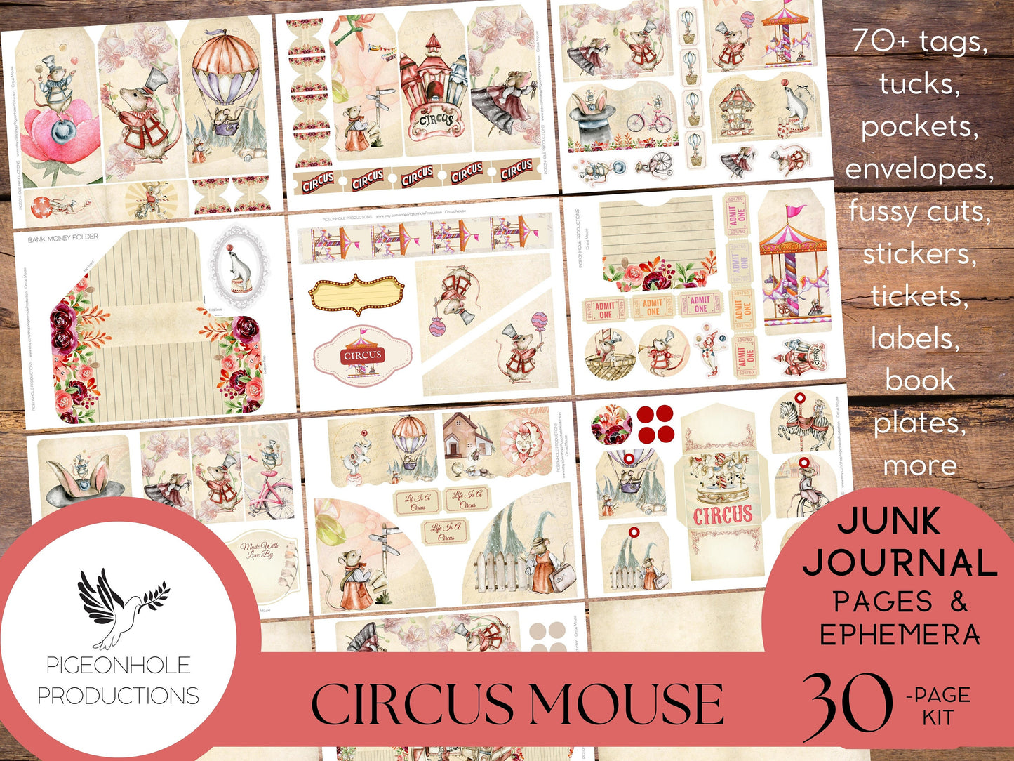 Circus Mouse Junk Journal Kit, PRINTABLE, 30 sheets of journal pages, background papers and 70+ ephemera elements—tags, pockets, stickers...