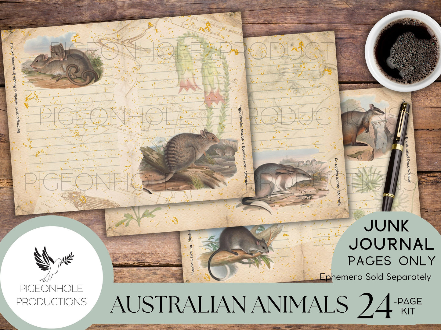Australian Animals Junk Journal Pages Only, PRINTABLE, 24 pages, tribute to art of John & Elizabeth Gould, c. 1850, H.W. Richter lithos
