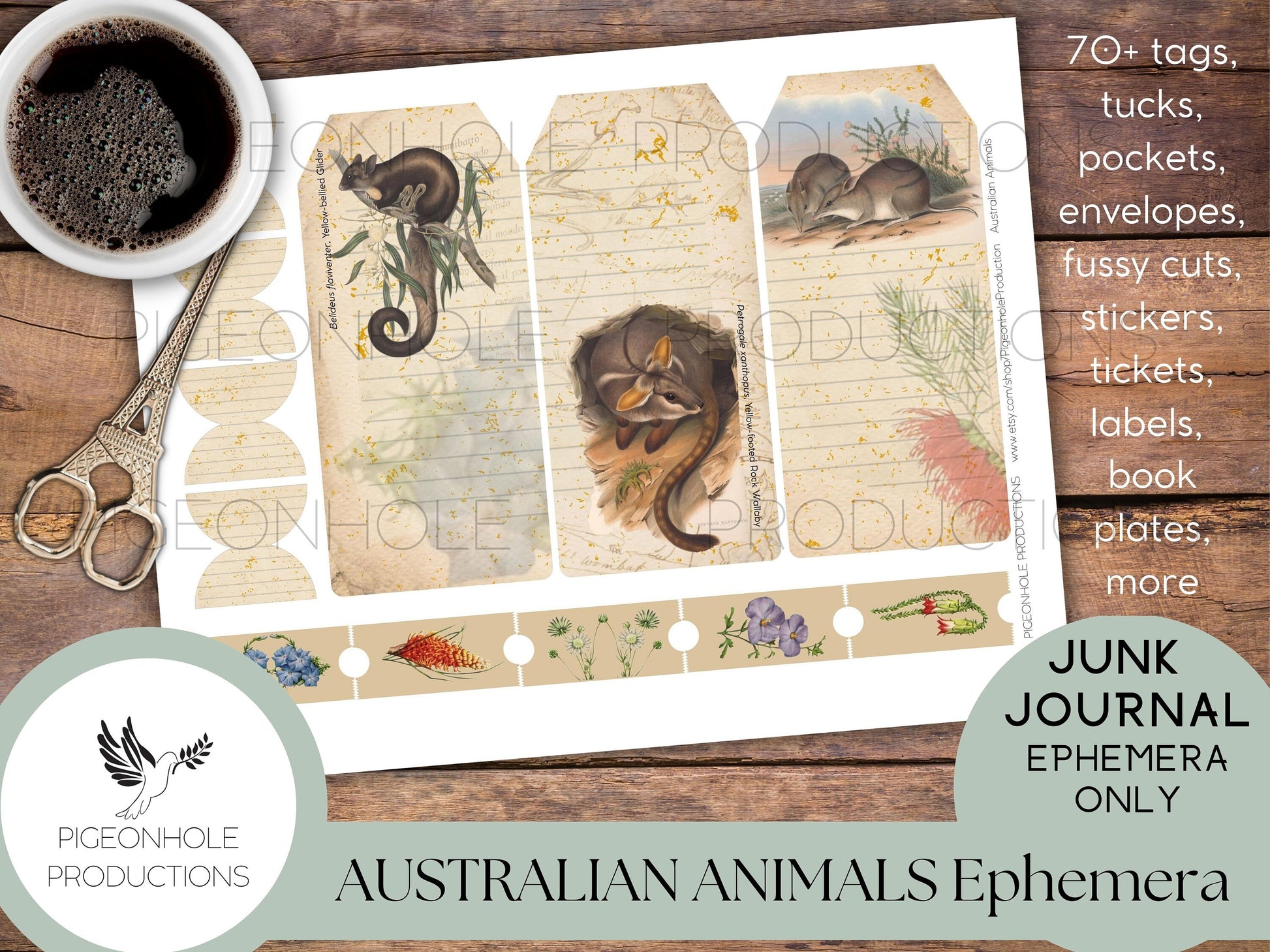Australian Animals Junk Journal EPHEMERA, PRINTABLE, 70+ tags, tucks, pockets, envelopes, fussy cuts, stickers, tickets, labels, bookplates