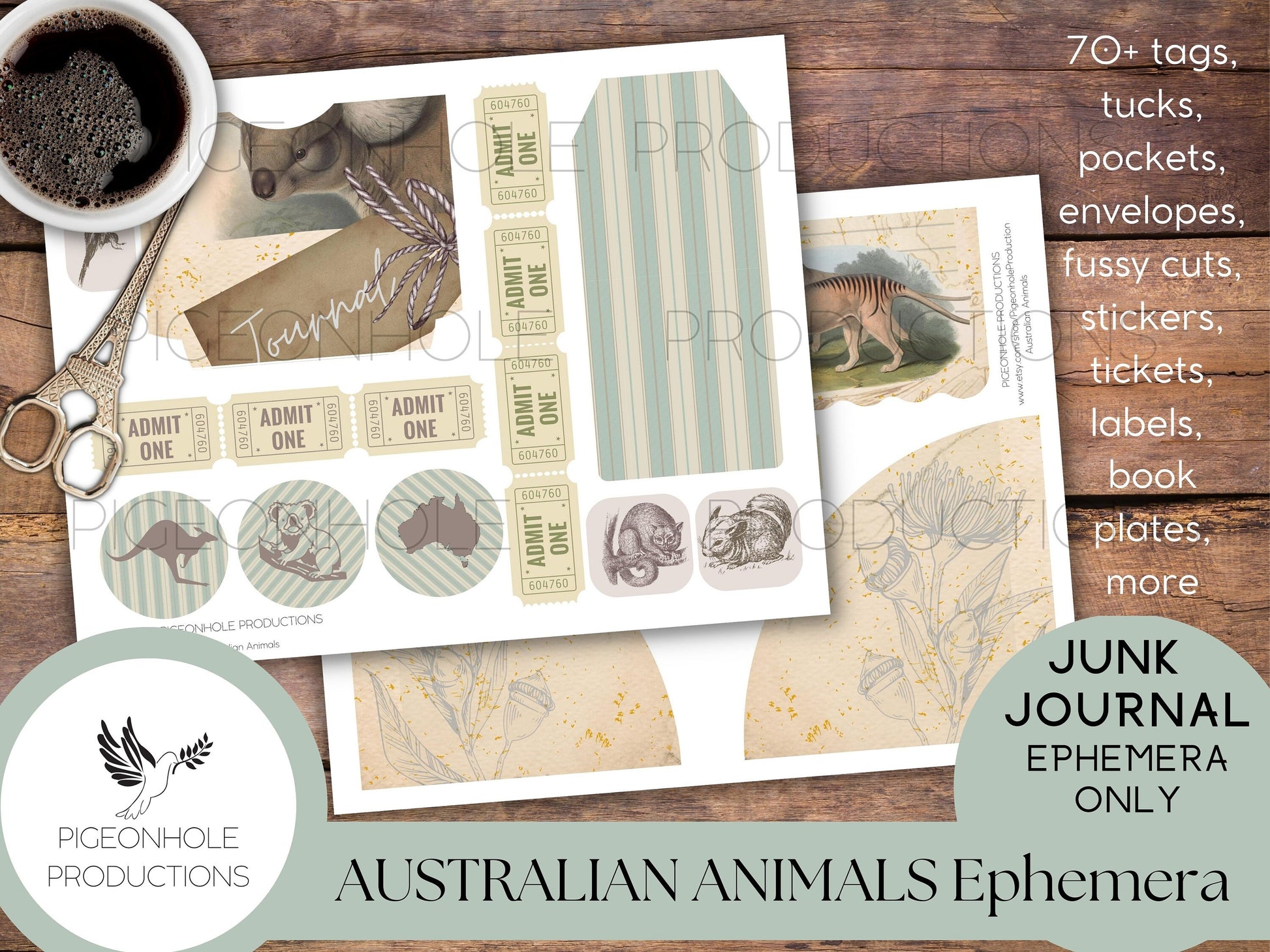 Australian Animals Junk Journal EPHEMERA, PRINTABLE, 70+ tags, tucks, pockets, envelopes, fussy cuts, stickers, tickets, labels, bookplates