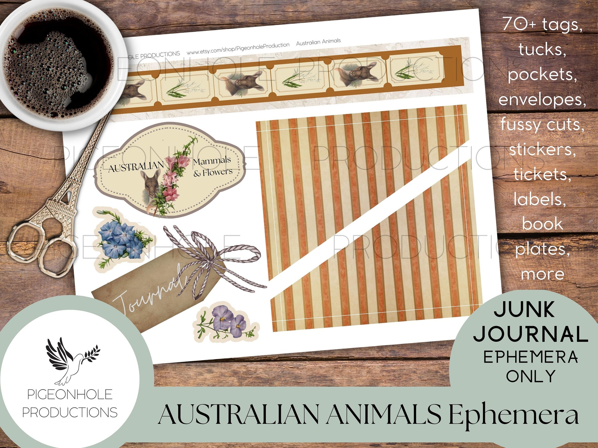 Australian Animals Junk Journal EPHEMERA, PRINTABLE, 70+ tags, tucks, pockets, envelopes, fussy cuts, stickers, tickets, labels, bookplates
