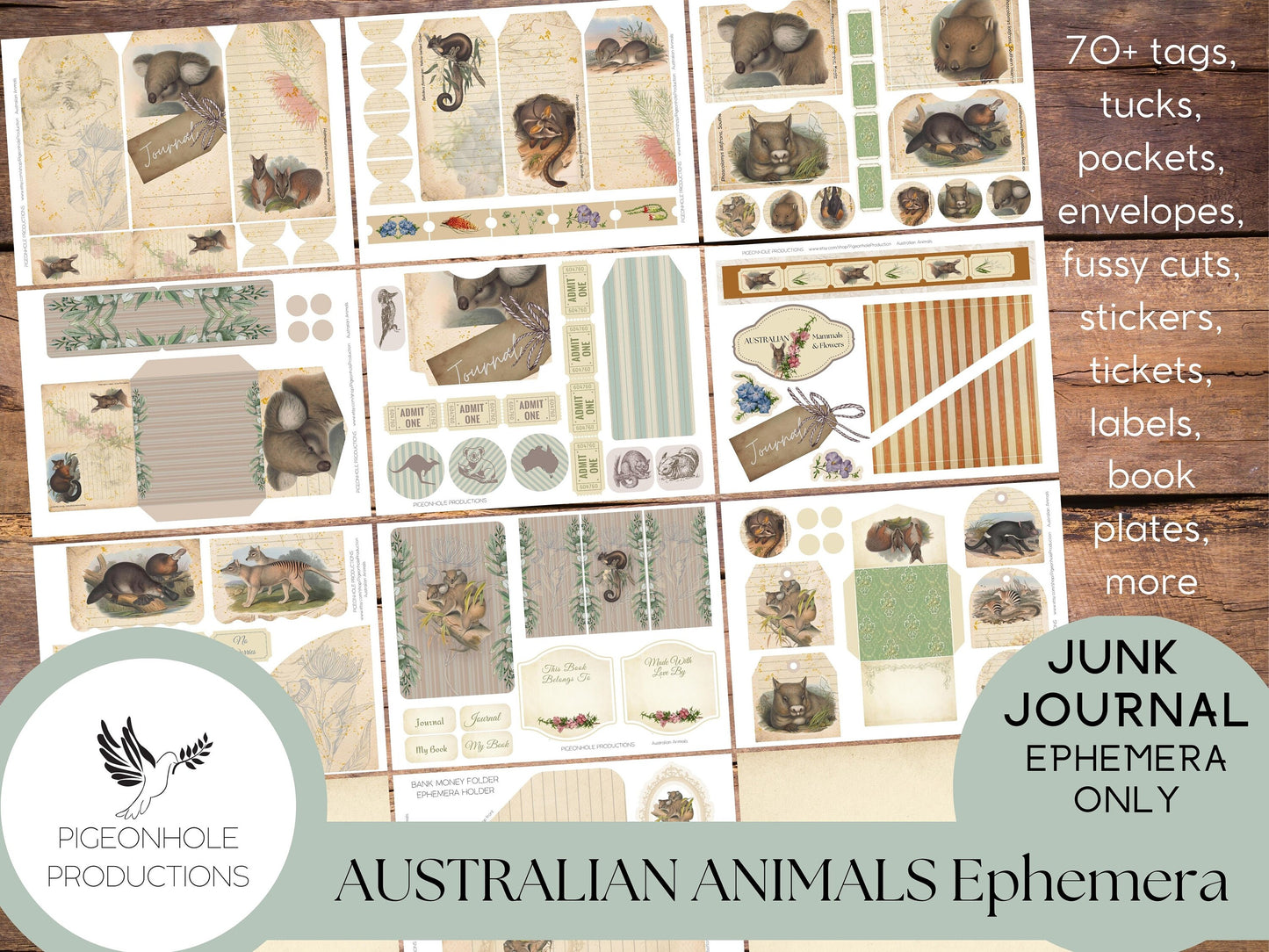 Australian Animals Junk Journal EPHEMERA, PRINTABLE, 70+ tags, tucks, pockets, envelopes, fussy cuts, stickers, tickets, labels, bookplates
