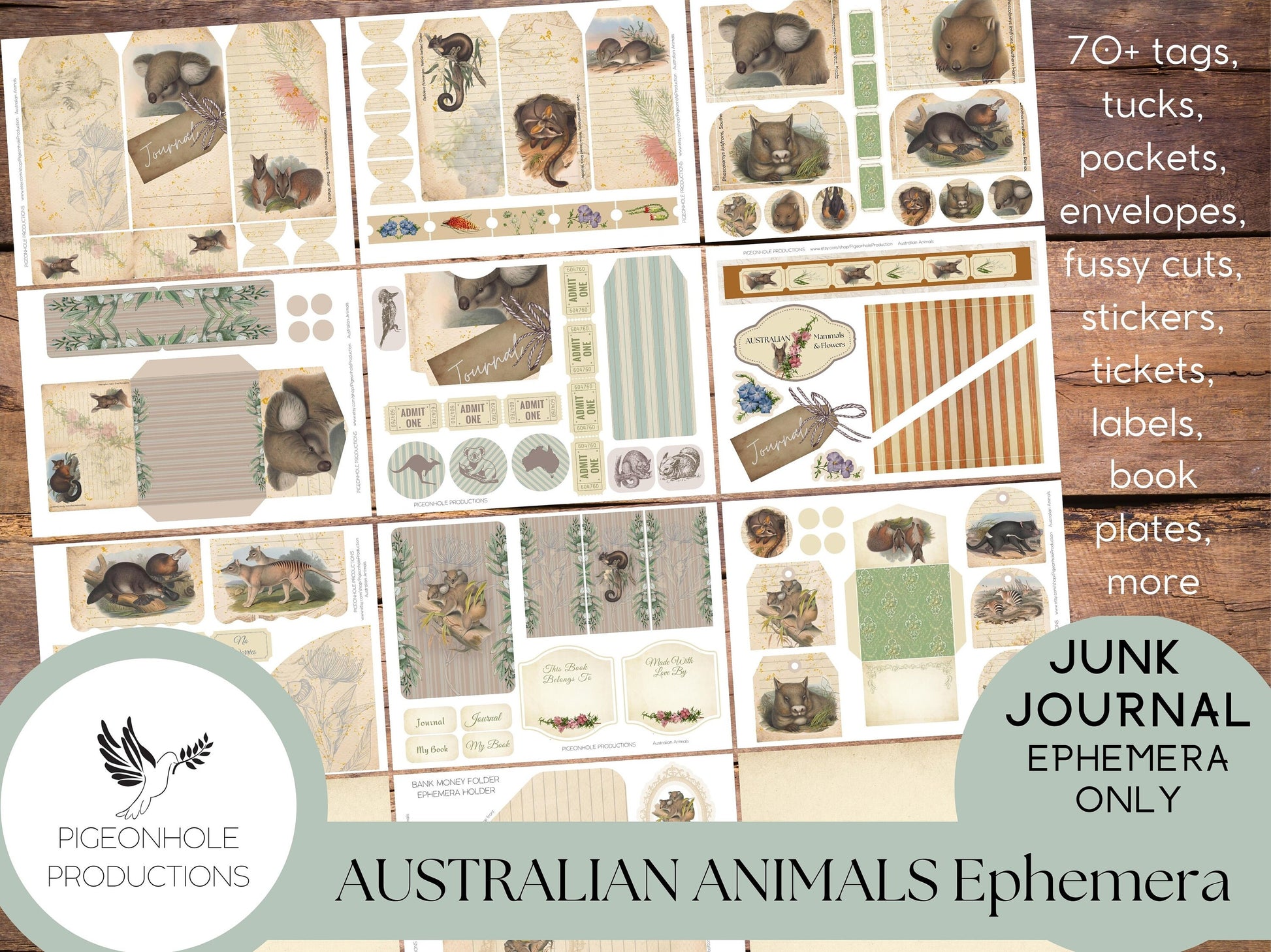 Australian Animals Junk Journal EPHEMERA, PRINTABLE, 70+ tags, tucks, pockets, envelopes, fussy cuts, stickers, tickets, labels, bookplates
