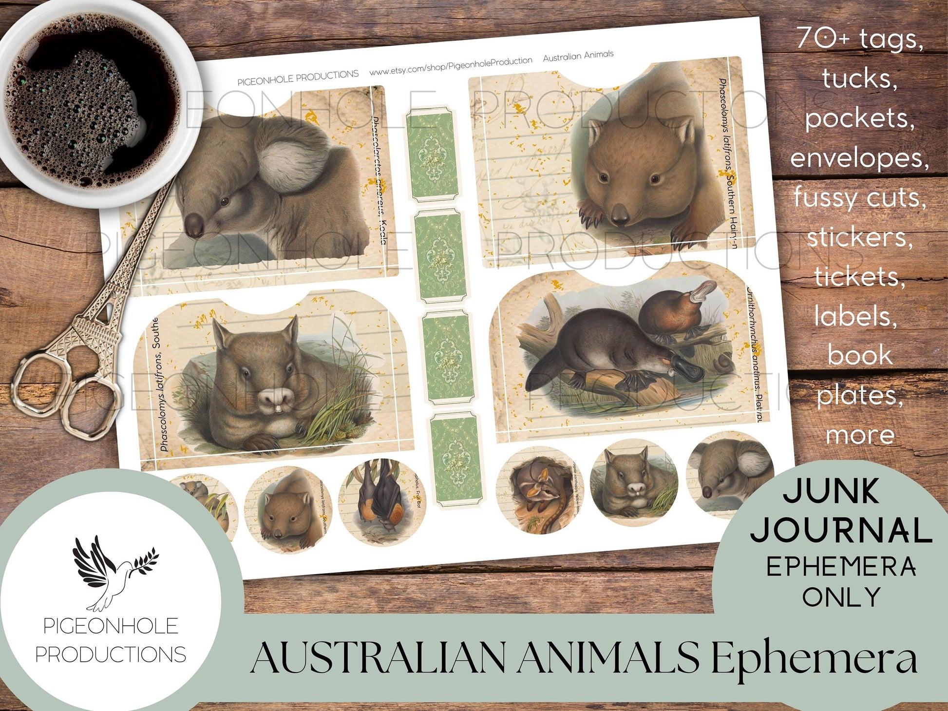 Australian Animals Junk Journal EPHEMERA, PRINTABLE, 70+ tags, tucks, pockets, envelopes, fussy cuts, stickers, tickets, labels, bookplates