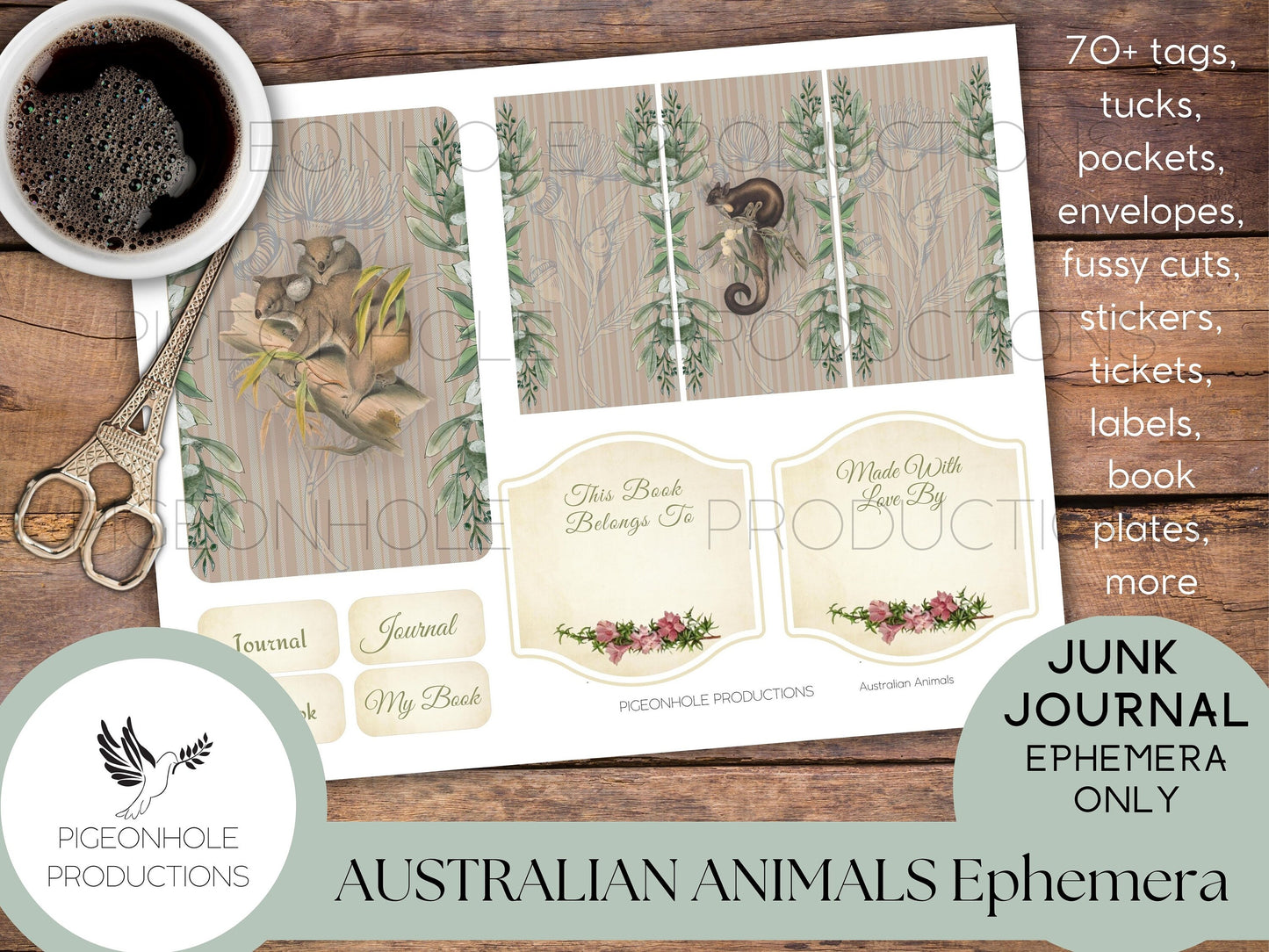 Australian Animals Junk Journal EPHEMERA, PRINTABLE, 70+ tags, tucks, pockets, envelopes, fussy cuts, stickers, tickets, labels, bookplates