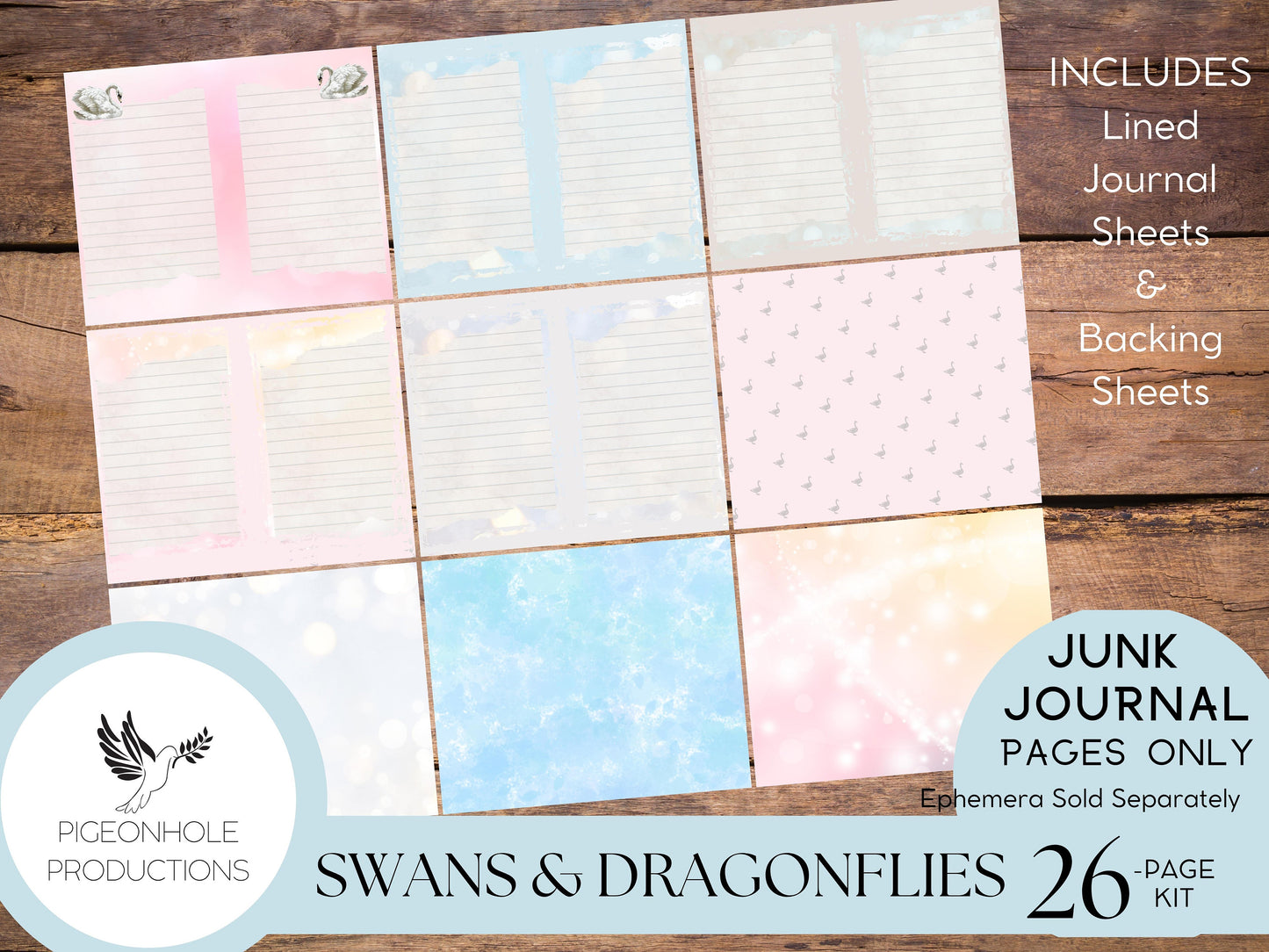 Swans & Dragonflies Junk Journal Kit—PRINTABLE—26 pages—beautiful swans, cygnets, dragonflies, flowers—lots of journaling space—pastels