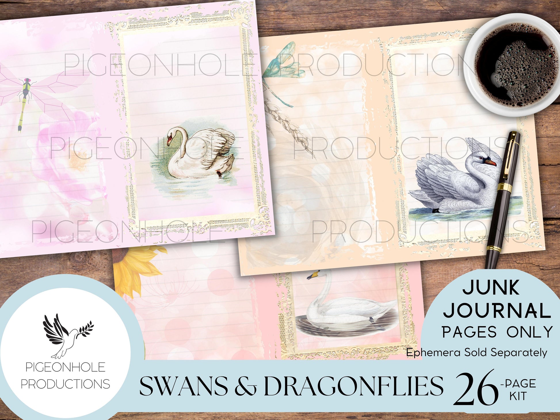 Swans & Dragonflies Junk Journal Kit—PRINTABLE—26 pages—beautiful swans, cygnets, dragonflies, flowers—lots of journaling space—pastels