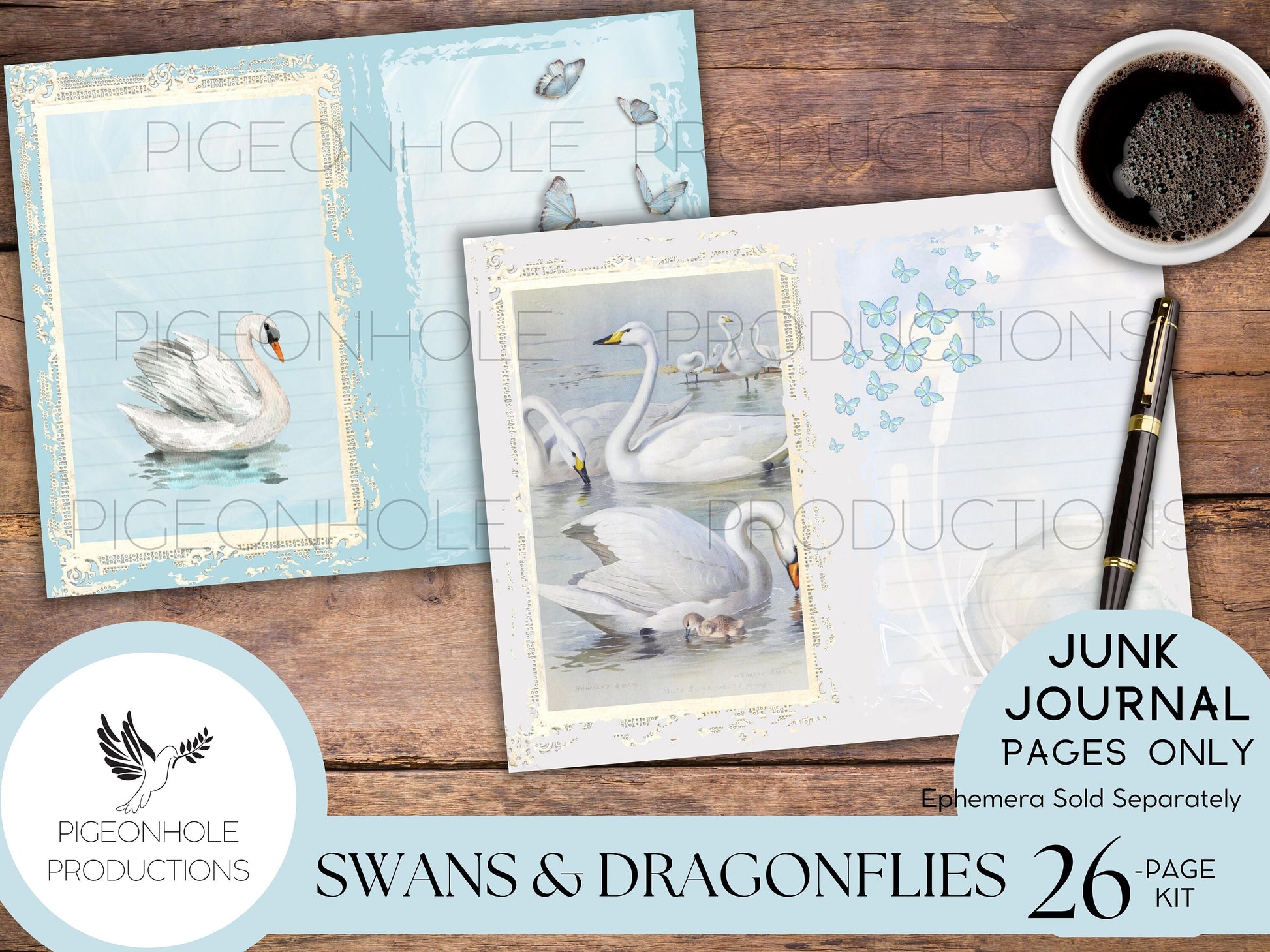 Swans & Dragonflies Junk Journal Kit—PRINTABLE—26 pages—beautiful swans, cygnets, dragonflies, flowers—lots of journaling space—pastels