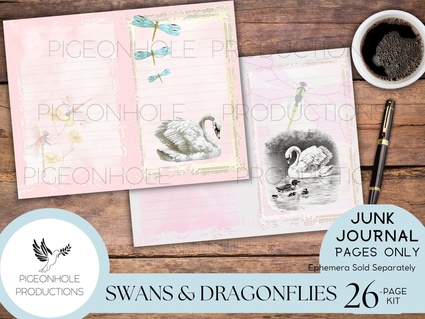 Swans & Dragonflies Junk Journal Kit—PRINTABLE—26 pages—beautiful swans, cygnets, dragonflies, flowers—lots of journaling space—pastels