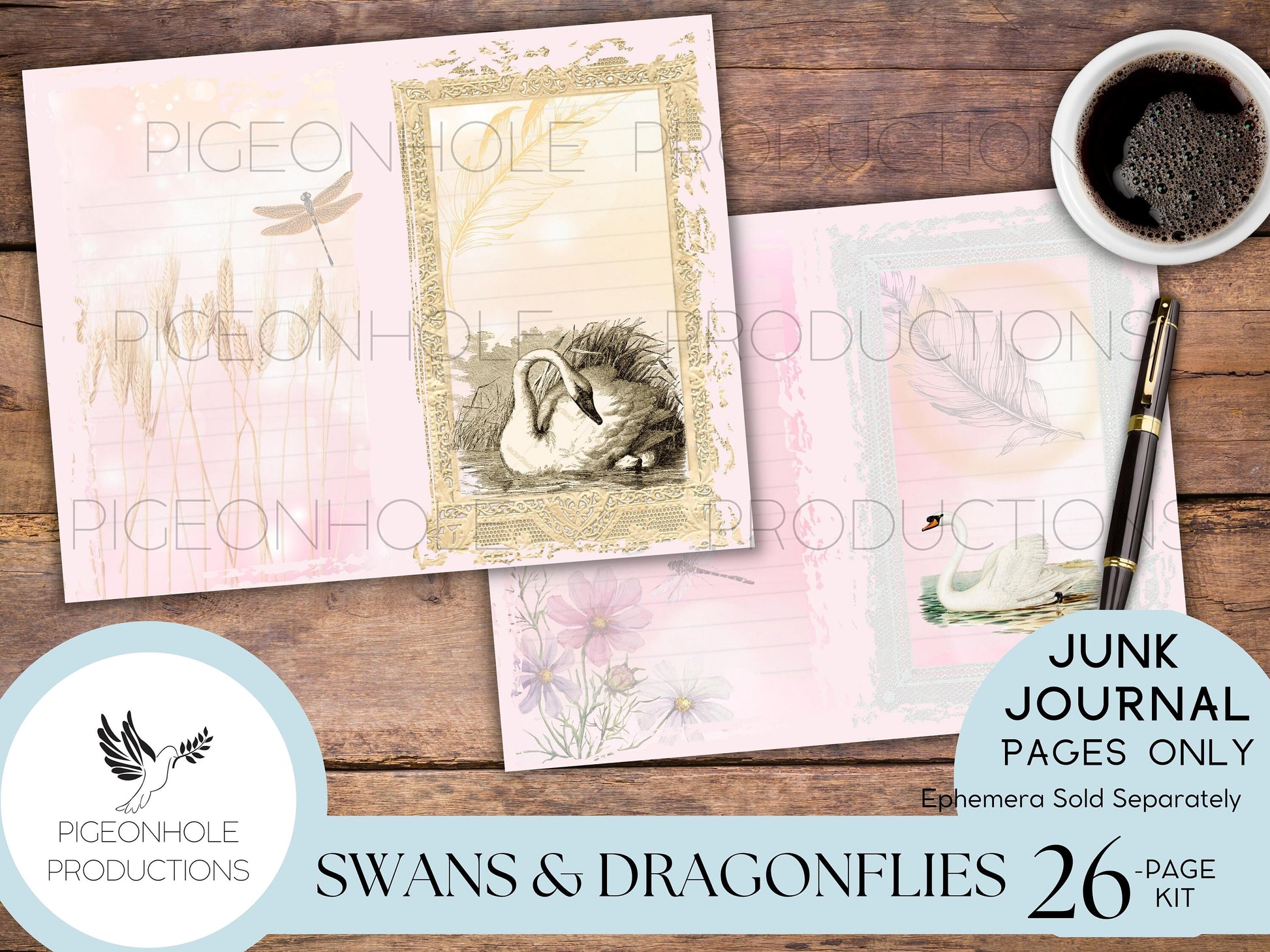 Swans & Dragonflies Junk Journal Kit—PRINTABLE—26 pages—beautiful swans, cygnets, dragonflies, flowers—lots of journaling space—pastels