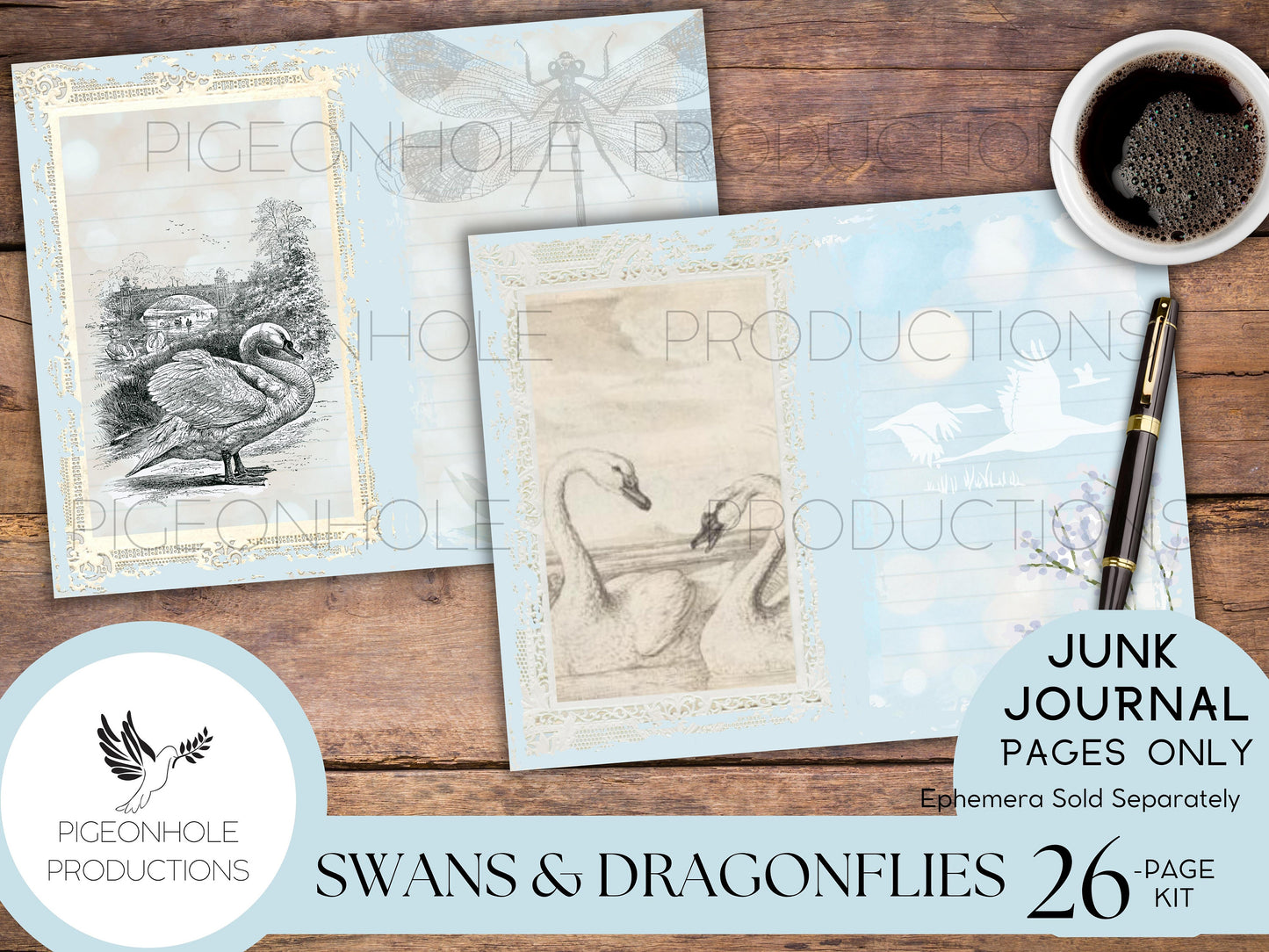 Swans & Dragonflies Junk Journal Kit—PRINTABLE—26 pages—beautiful swans, cygnets, dragonflies, flowers—lots of journaling space—pastels