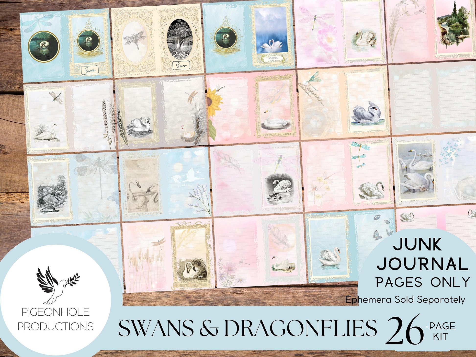 Swans & Dragonflies Junk Journal Kit—PRINTABLE—26 pages—beautiful swans, cygnets, dragonflies, flowers—lots of journaling space—pastels